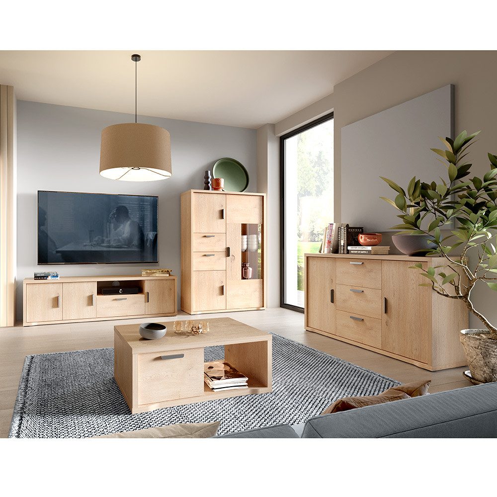 Lomadox Wohnzimmer-Set GENOVA-161, (Mega-Spar-Set, 4-St., Lowboard Highboard Sideboard Couchtisch), Wohnwand in Eiche mit viel Stauraum & Softclose-Funktion