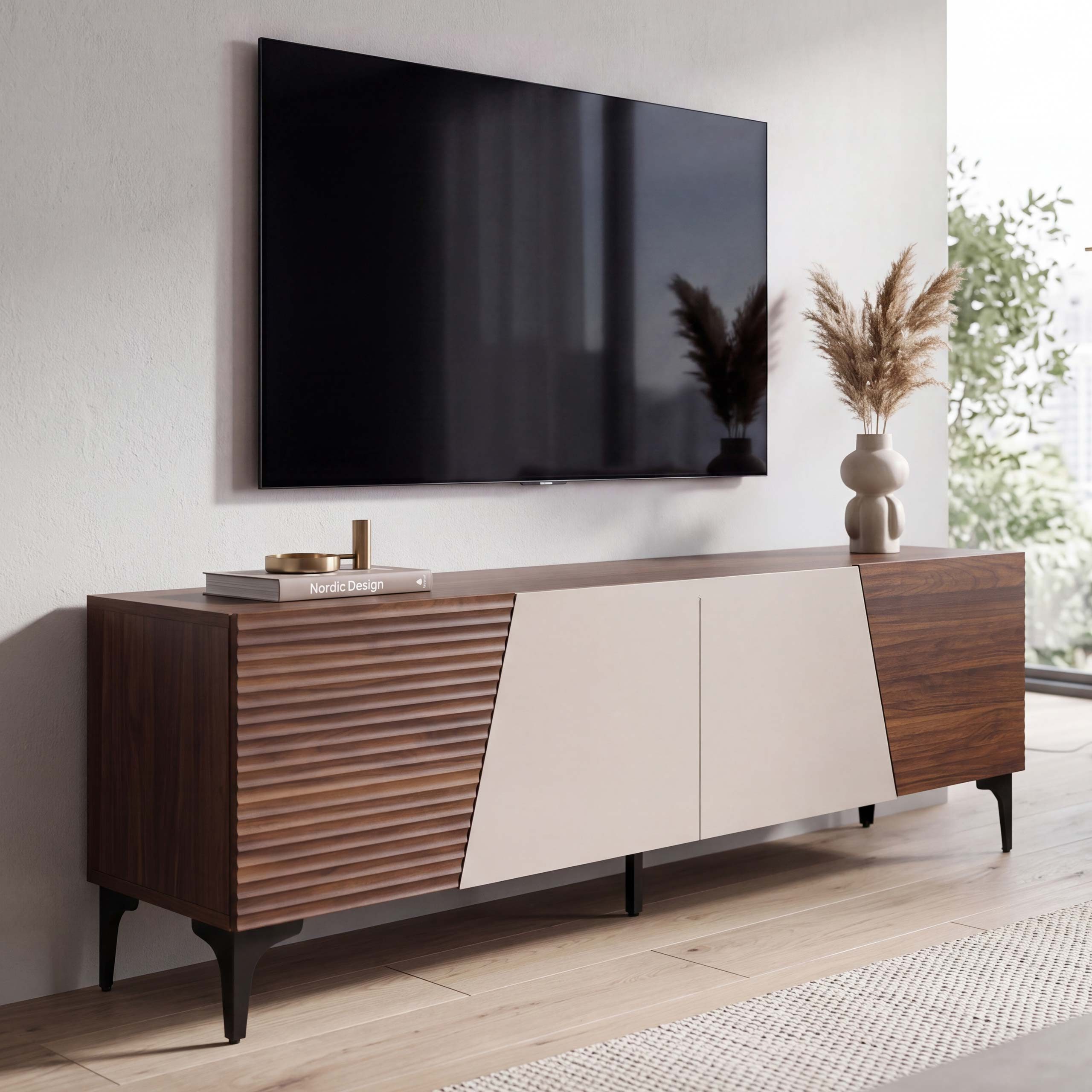 MCW TV-Rack MCW-Q83, Dekorative Kombination aus strukturierten und glatten Fronten