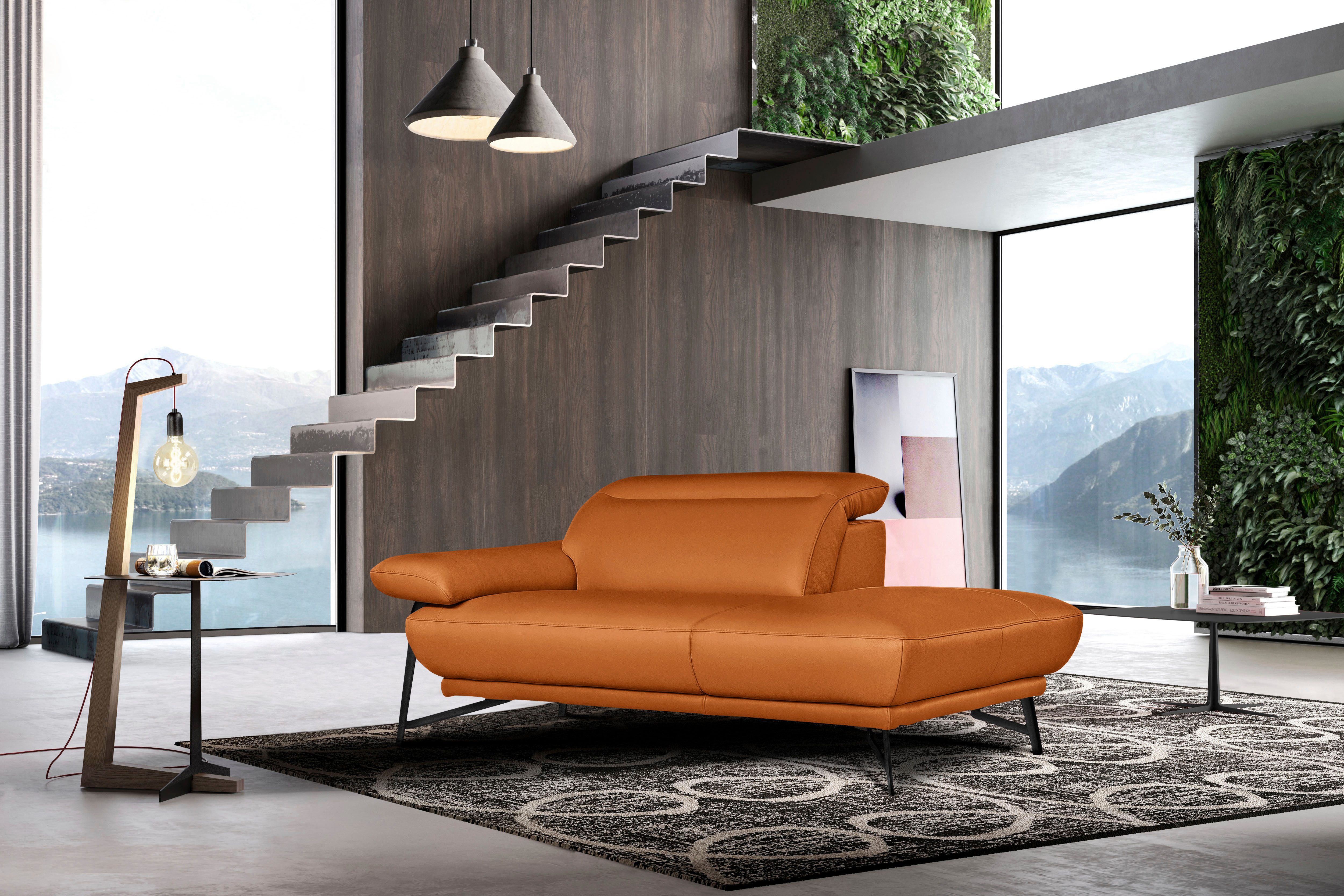 Egoitaliano Ottomane Anais, erstklassiges Designsofa, Breite 179 cm, Fußfarbe schattengrau, Kopfteil verstellbar, Leder BULL, orange