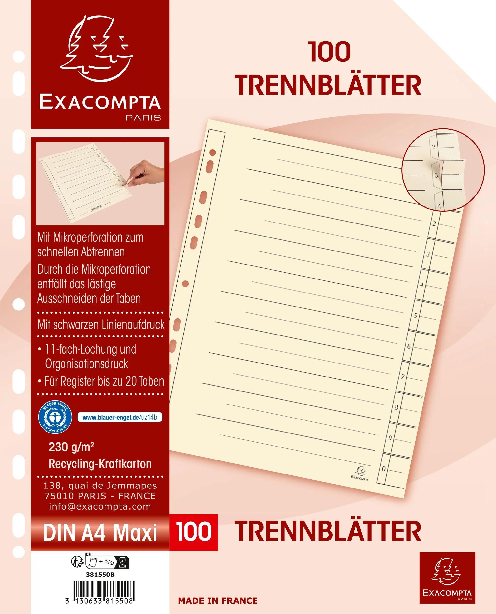 EXACOMPTA Aktenordner 100x Trennblätter 24 x 30cm 230g/m2 100er Poly Chamois 381550B, Register