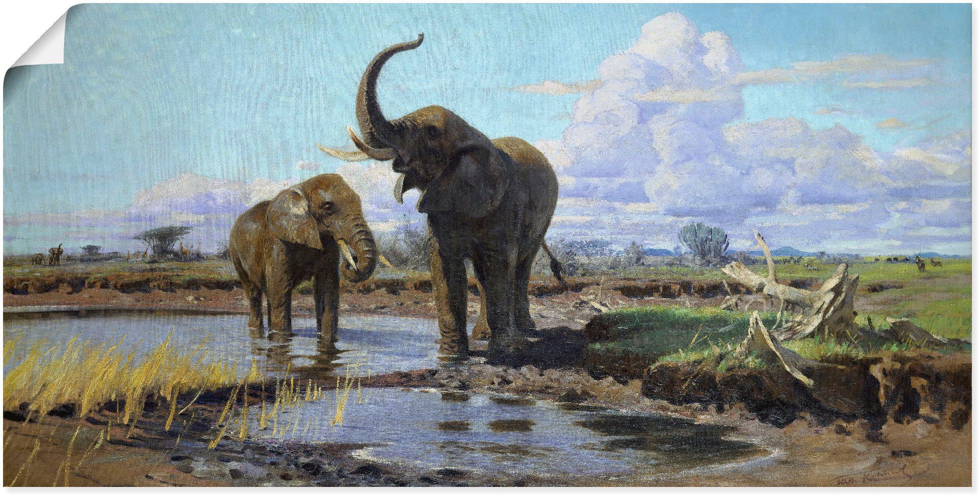 Leinwandbild, Größen Wildtiere versch. oder Wandaufkleber St), als Artland Alubild, Elefanten (1 in Wasserstelle., an Poster der Wandbild