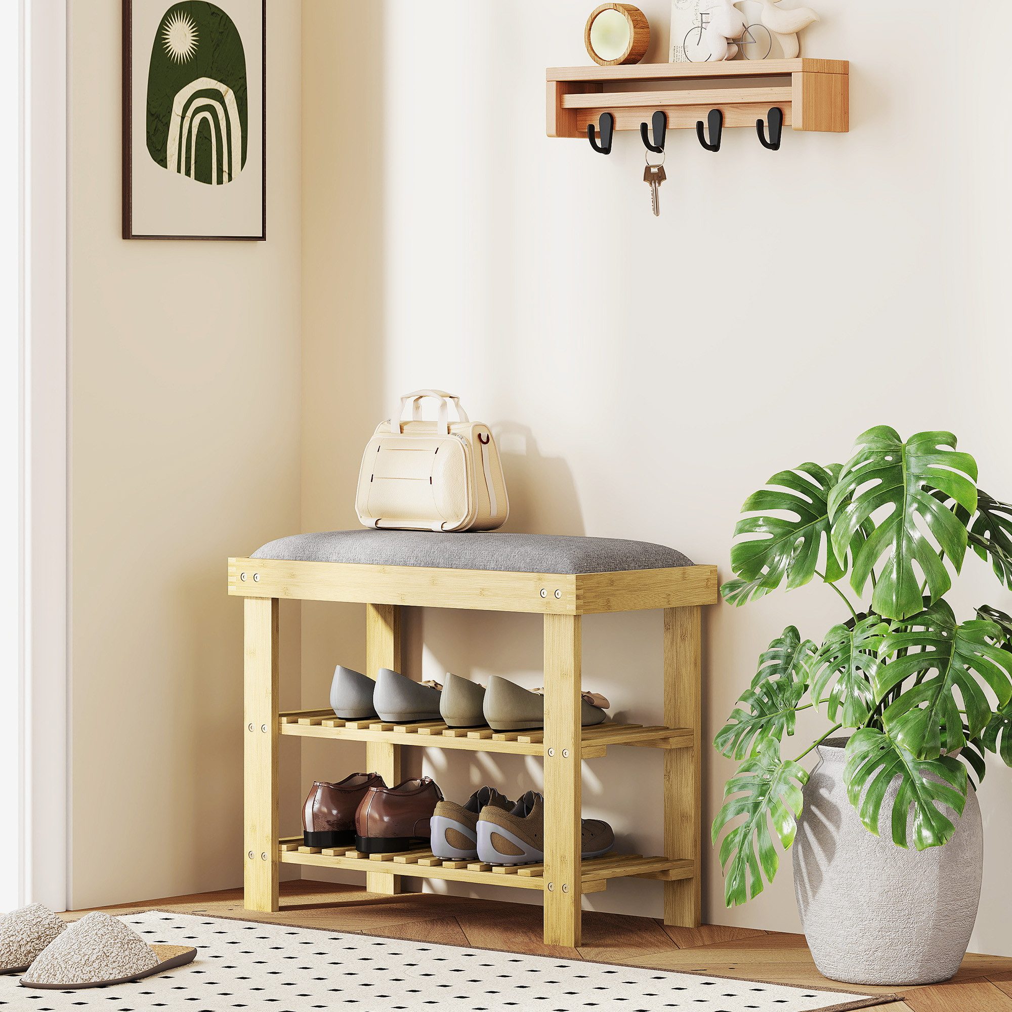 HOMCOM Schuhbank Bambus Sitzbank, Schuhregal 2 Fächer, Garderobenbank, 60x29x49cm (Schuhregal aus Bambus, 1-St., Schuhbank mit Sitzfläche), für Wohnzimmer, Flur, Grau+Naturholz