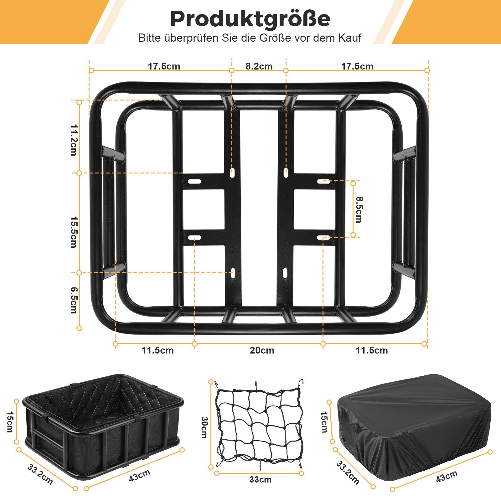 PRIISF Fahrradkorb Fahrradkorb Hinten Groß Gepäckträger Fahrrad Korb Einkaufskorb Metall (Hinterradkorb mit Wasserdichtem Liner & Gepäcknetz & Abdeckung, Gepäckträgerkorb 43x33,2x15cm Hinterradkorb Schulkorb Stahl Rostschutz), für passt an meisten Fahrradgepäckträger, E-Bikes, Fahrradgepäckträger