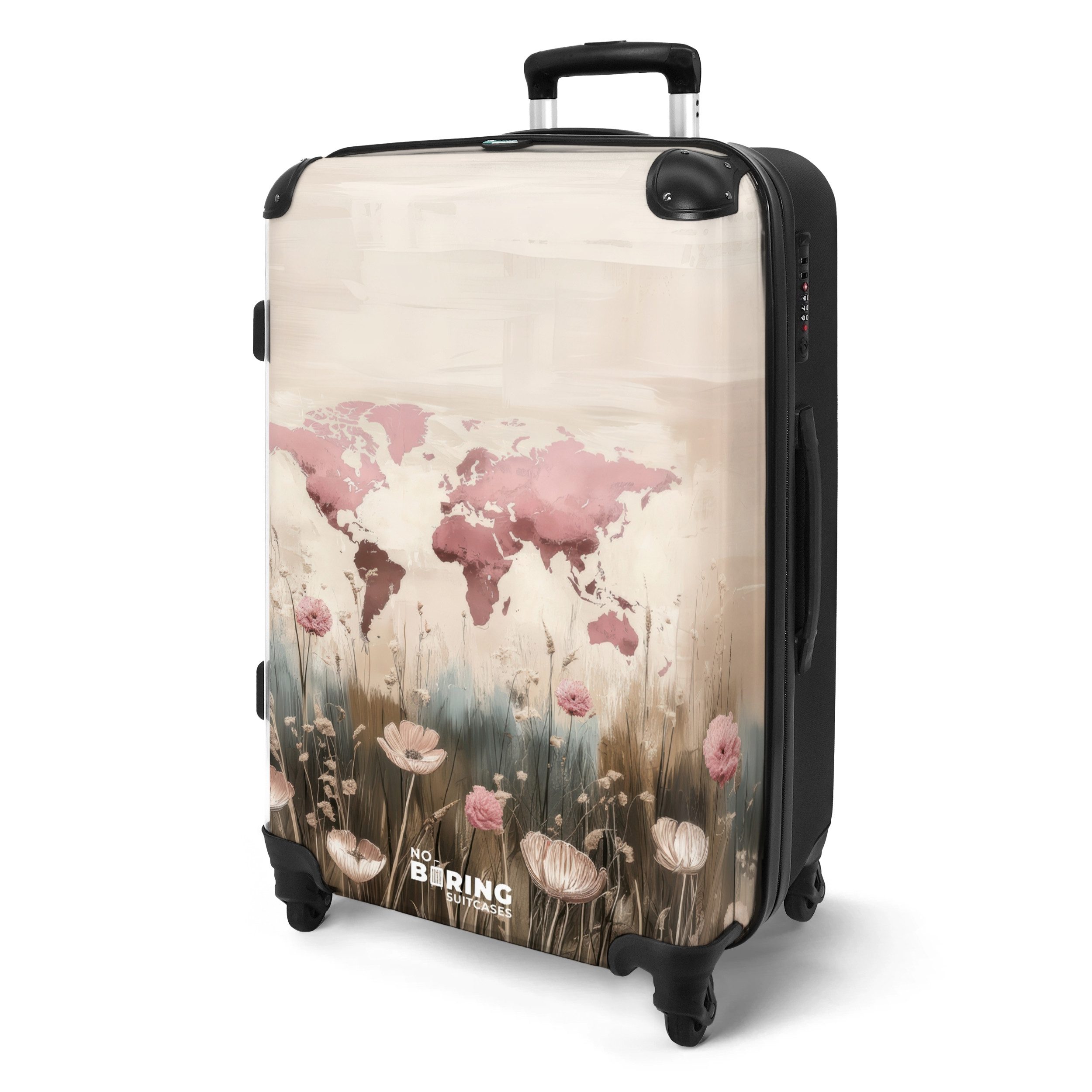 NoBoringSuitcases.com© Hartschalen-Trolley Weltkarte - Rosa - Blumen 67 cm günstig online kaufen