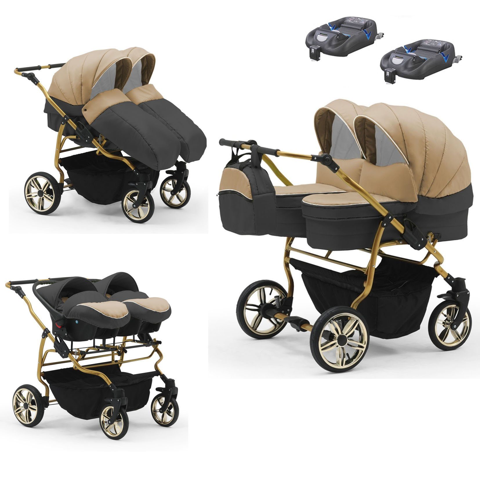 babies-on-wheels Zwillingswagen Zwillingswagen Duet Lux Gold 4 in 1 - 15 Teile - in 33 Farben Cappu-Grau