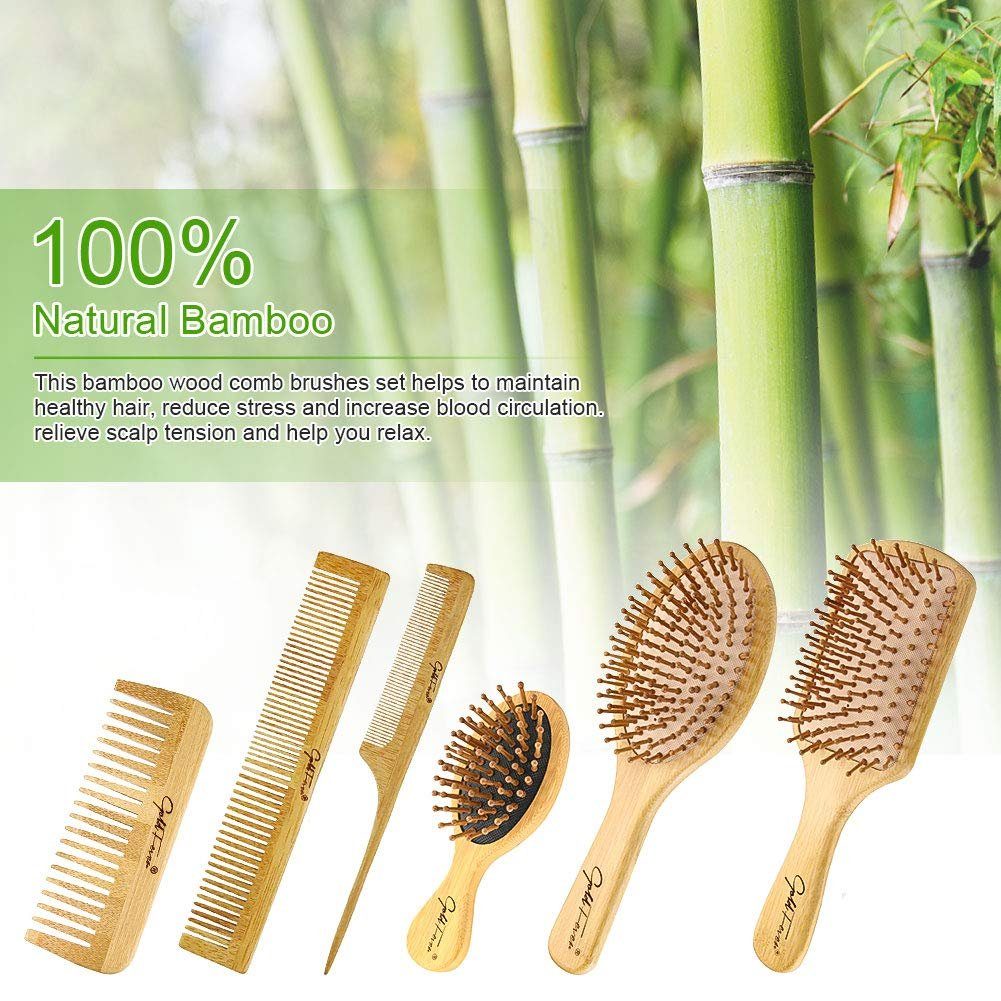 COOL-i ® Haarbürsten-Set, Bambus für 6 Naturborsten - Reduzieren und 1 in Frizz für umweltfreundlich Haarbürste schöne Haare Massage natürlich Frauen mit & Männer, Kopfhaut Kinder