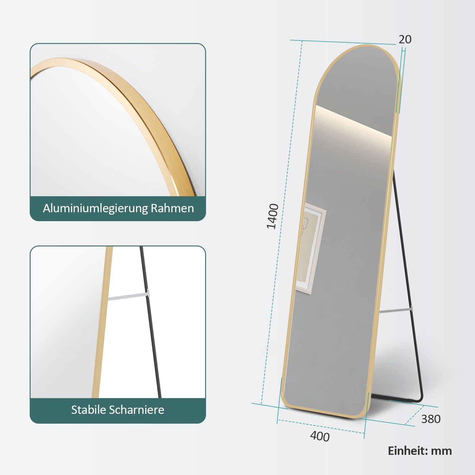 Standspiegel und EMKE Bogen für Wohn-,Schlaf-, Standspiegel Gold Aluminiumlegierung, Ganzkörperspiegel Ankleidezimmer aus mit Aufenthalt Rahmen