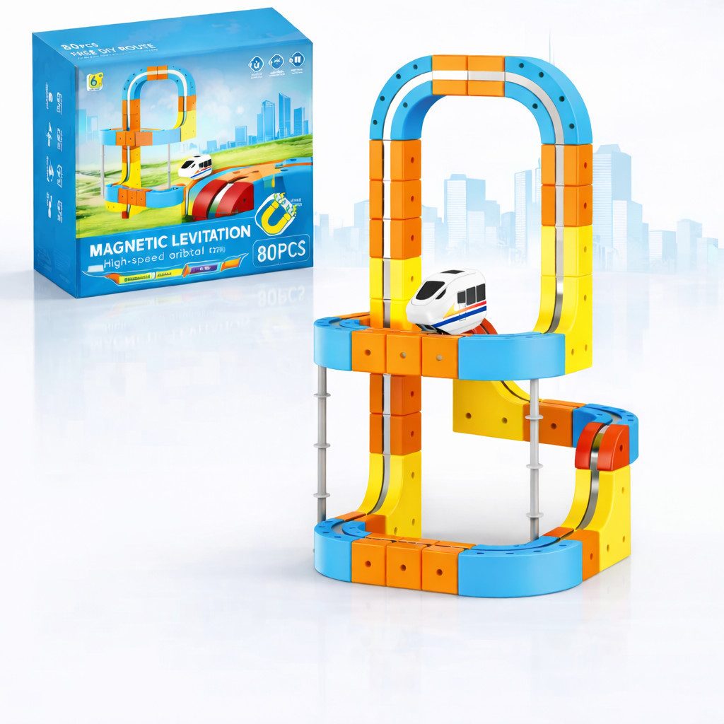 Goldstern-Tech Spielzeugeisenbahn-Set Magnetische Zugbahn Baukasten, (80-tlg., Wählbar als 56, 80 oder 150 Teile Rennbahn Set), Magnetische 3D Zugstrecke – flexibel & motorisiert