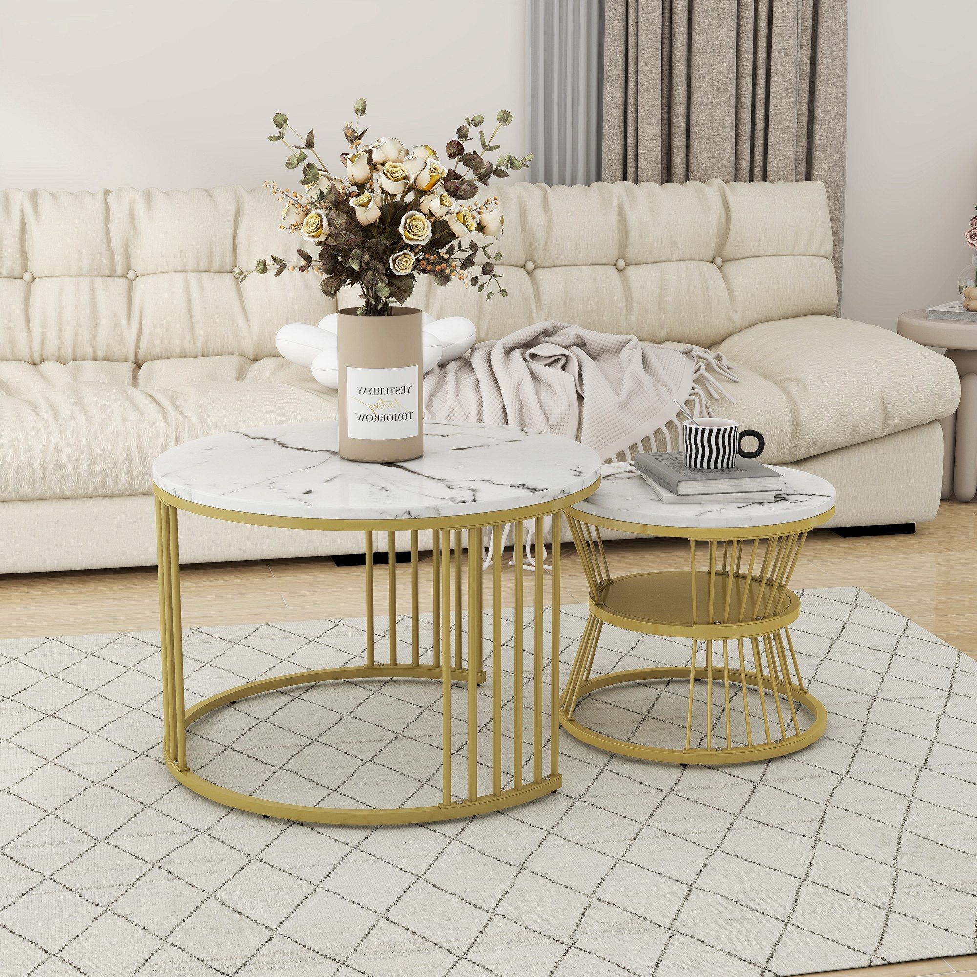 HAUSS SPOLE Couchtisch Satztisch 2er Set Rund Sofatisch in Marmormuster Kaf günstig online kaufen