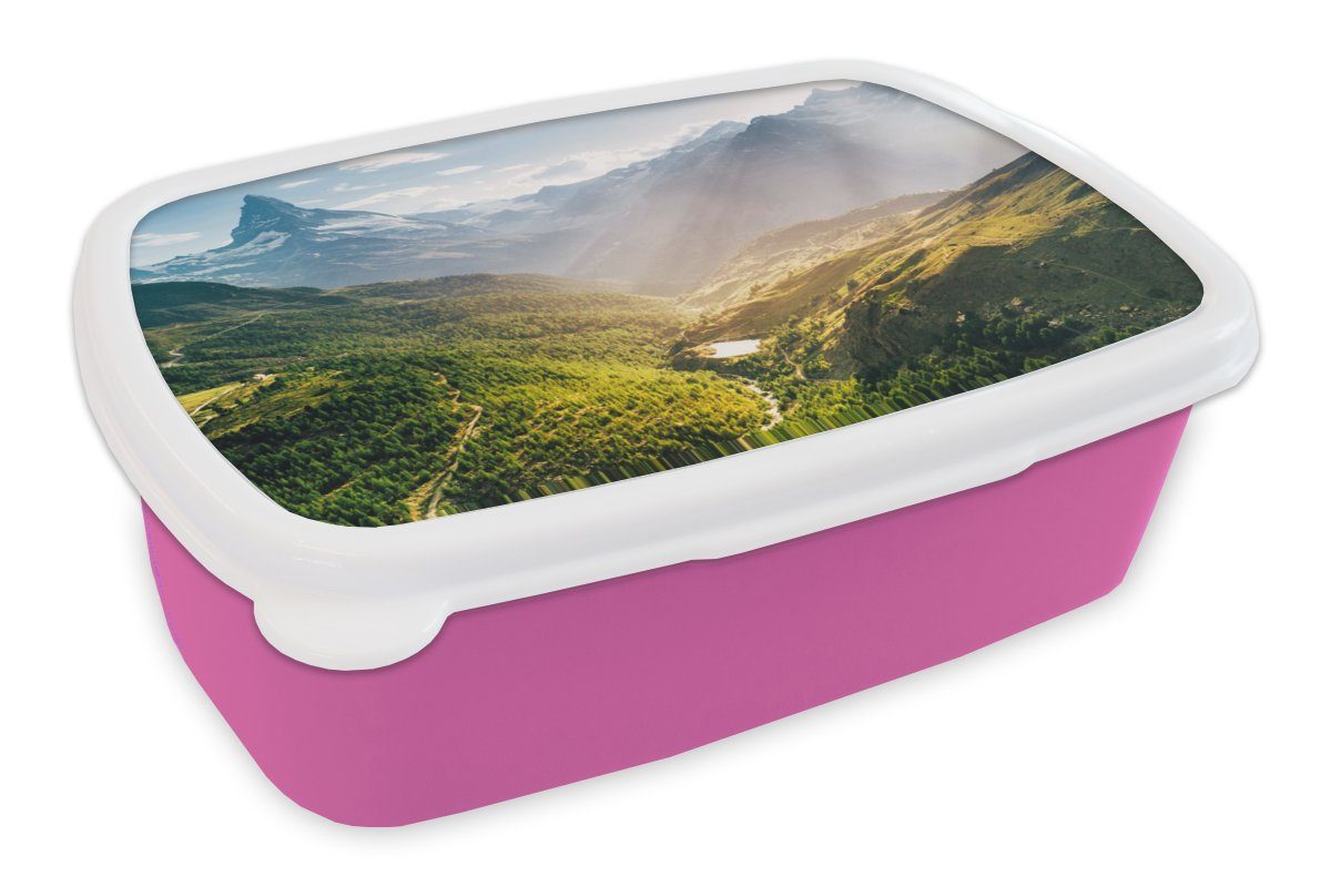 Landschaft, Berge für rosa Kunststoff - Brotbox MuchoWow - Mädchen, (2-tlg), Brotdose Kinder, Kunststoff, Erwachsene, Pflanzen Snackbox, Lunchbox
