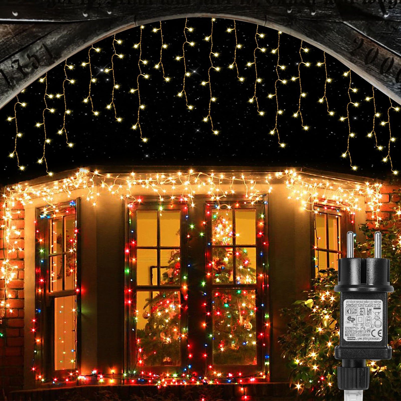 Rosnek LED-Lichtervorhang 5-15M, Eiszapfen, wasserdicht, 8 Modi, für  Weihnachten Dach Deko, Speicherfunktion, Timer