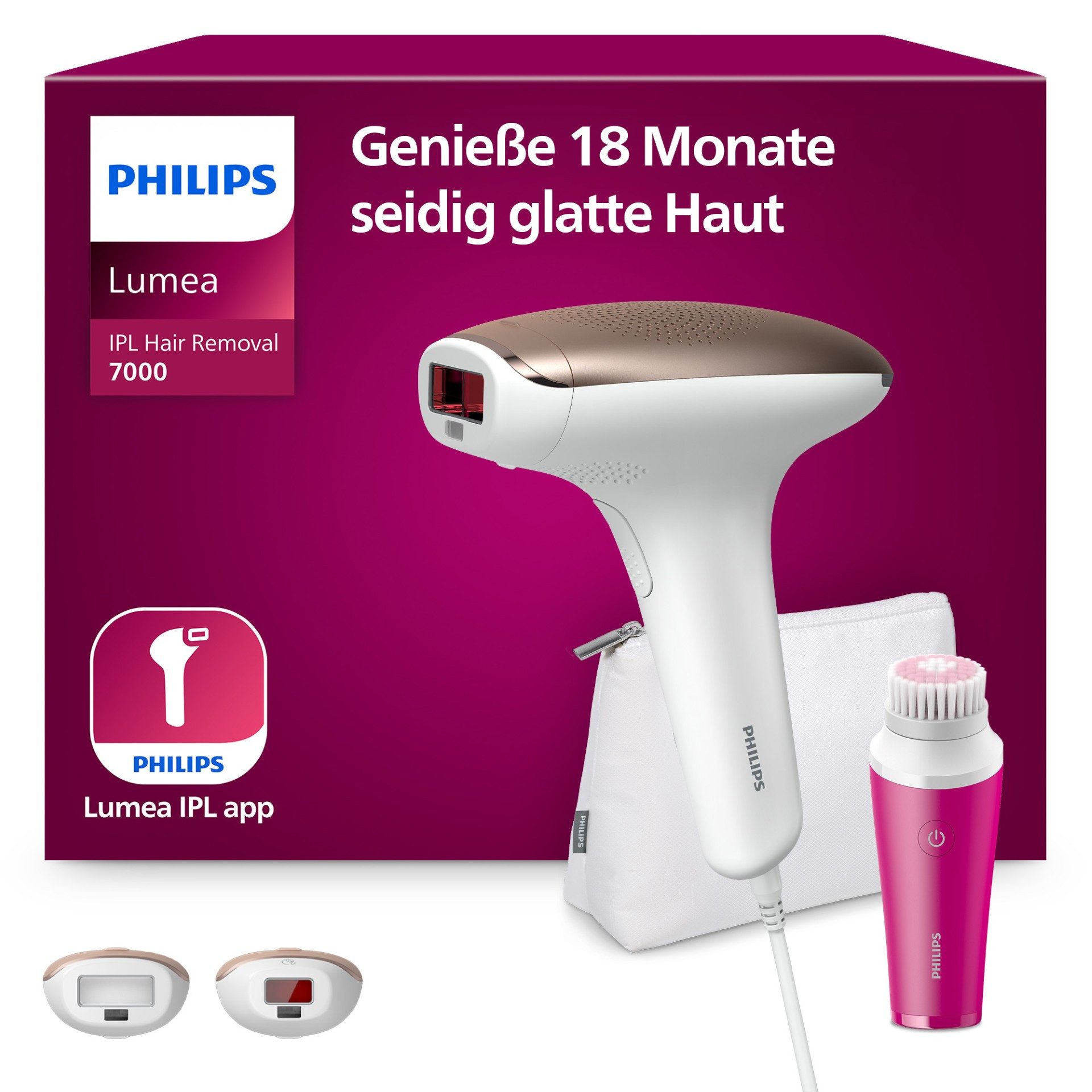 Philips IPL-Haarentferner Philips Lumea Series 7000 BRI924/00, 250000 Lichtimpulse, 2 Aufsätze (Körper und Gesicht), inkl. Visa Pure Mini-Gesichtsbürste