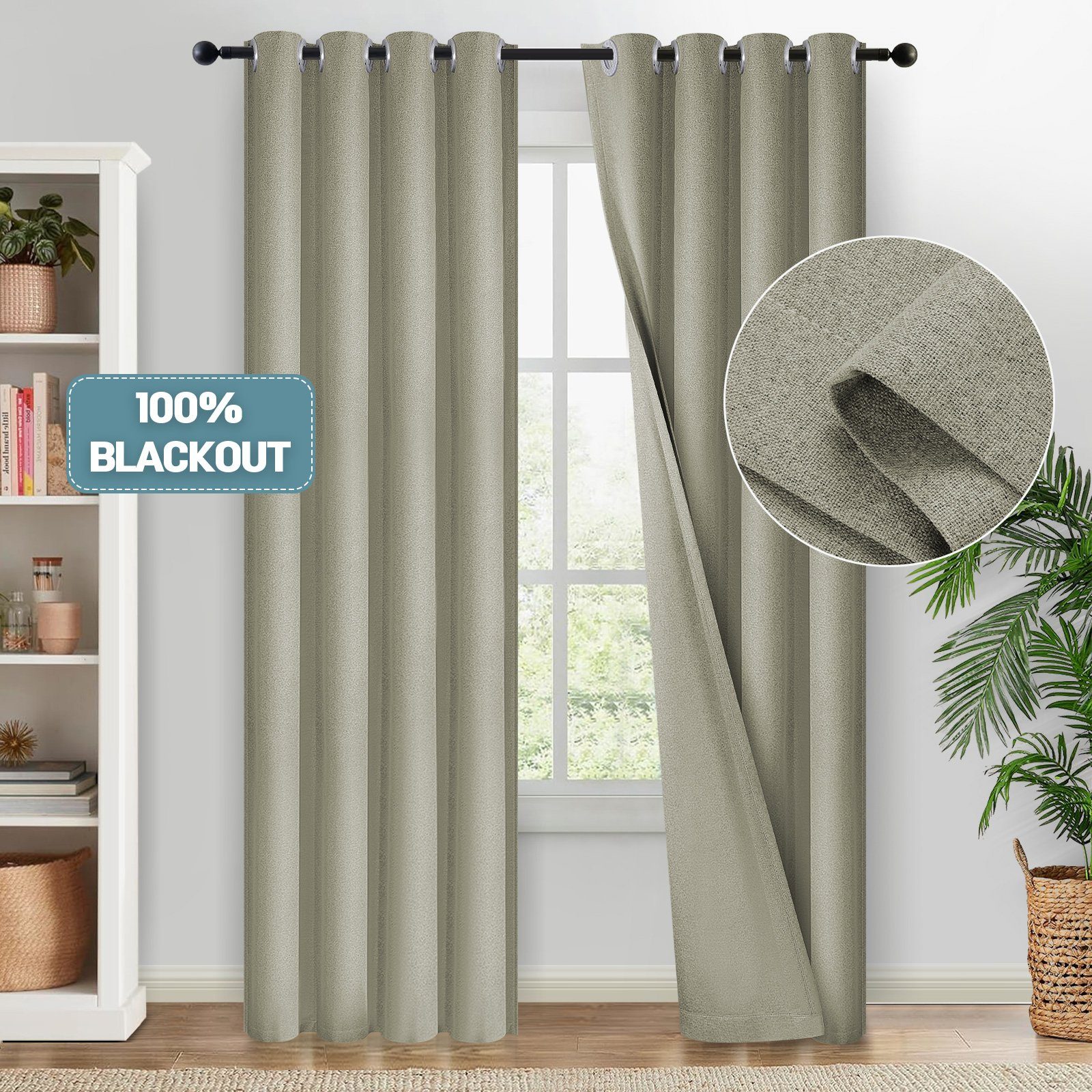 Gardine Leinen Vorhang, Thermovorhang mit Ösen, Verdunklungsvorhänge, 2er, Sunicol, 100% Blickdicht, Kälteschutz, für Wohnzimme, Schlafzimmer Natürlich