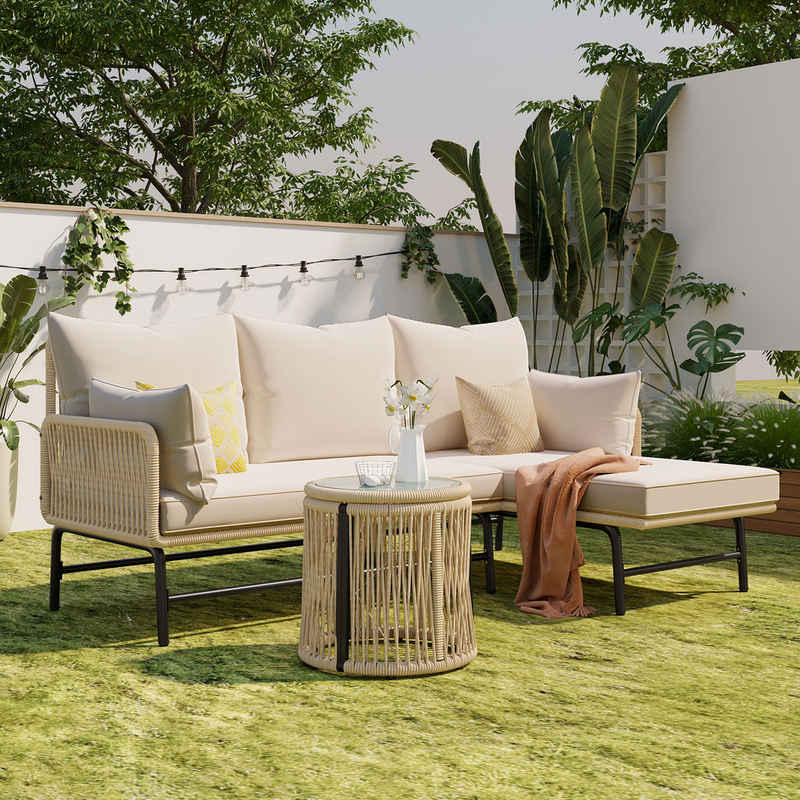 Merax Gartenlounge-Set für 4 Personen, mit Stahlrahmen und Tisch, (3-tlg), Gartenmöbel set Polytattan und Seil Geflecht, Rope Lounge Меблі