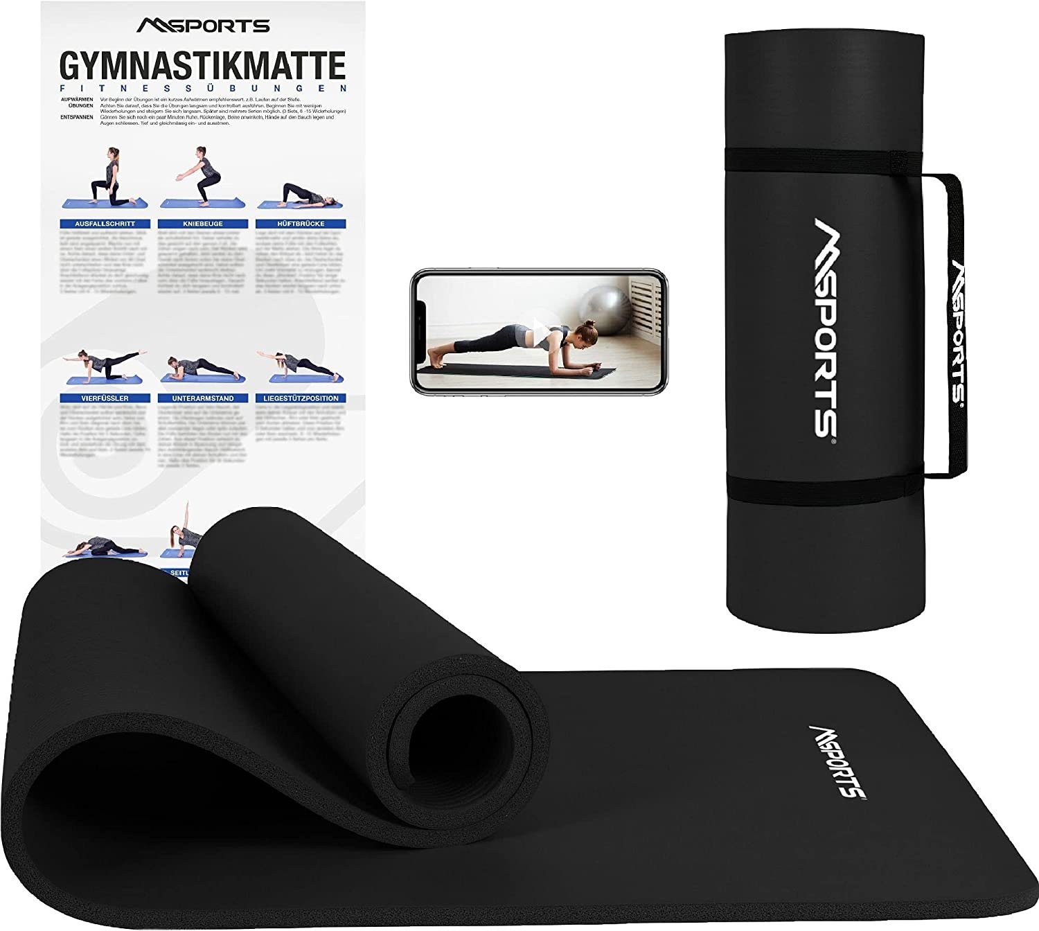 MSports® Gymnastikmatte Yogamatte rutschfest inkl. Tragegurt + Poster + Workout App