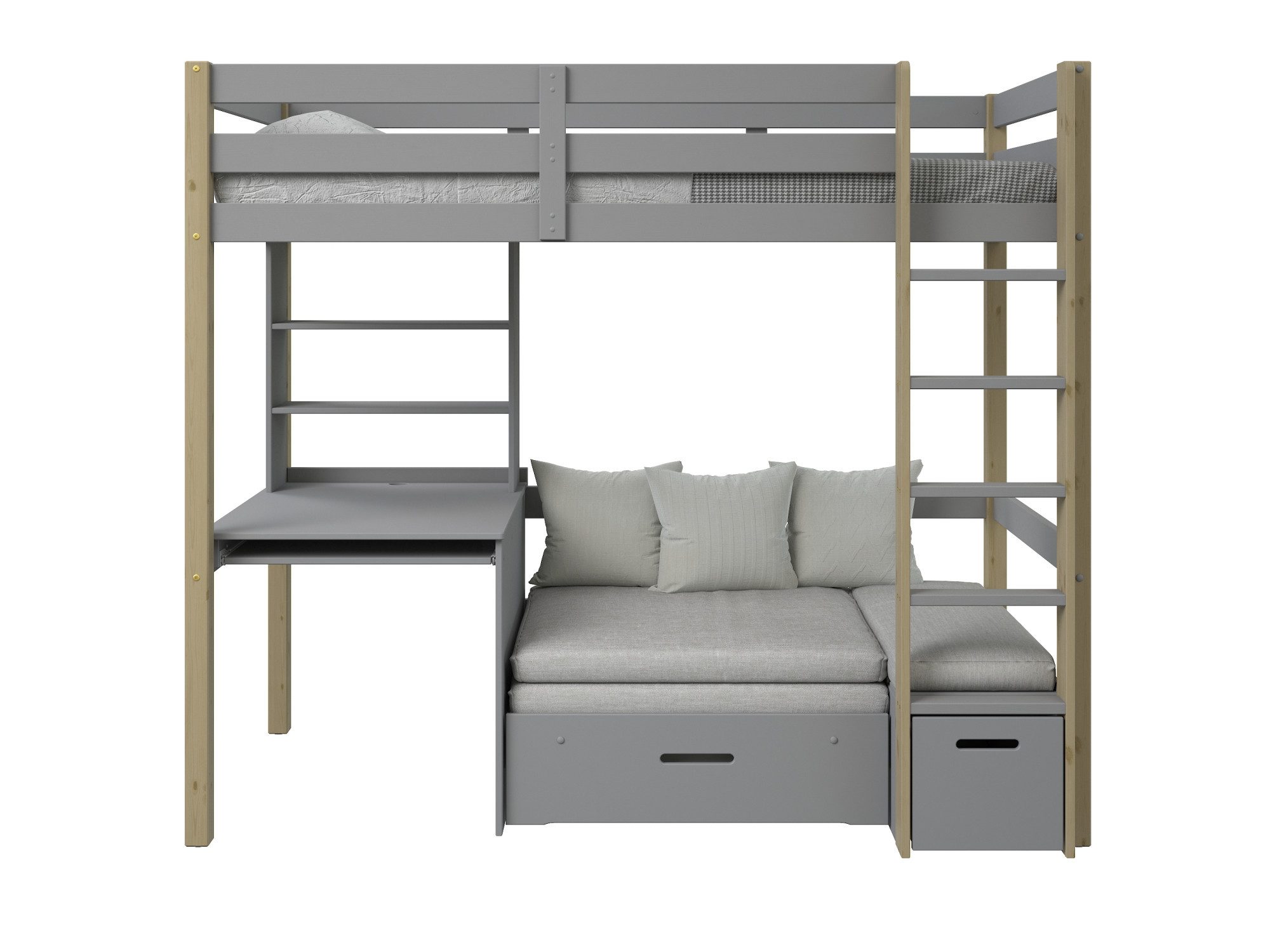 OTTO home Etagenbett HENNE' TOPSELLER! Hochbett, Ideal für kleine Räume, 2 Schlafplätze (zweiter Schlafplatz ausziehbar, B/H/T ca. 208/180/105cm), mit Polsterauflagen, Schreibtisch, Stauraum, seitenverkehrt montierbar