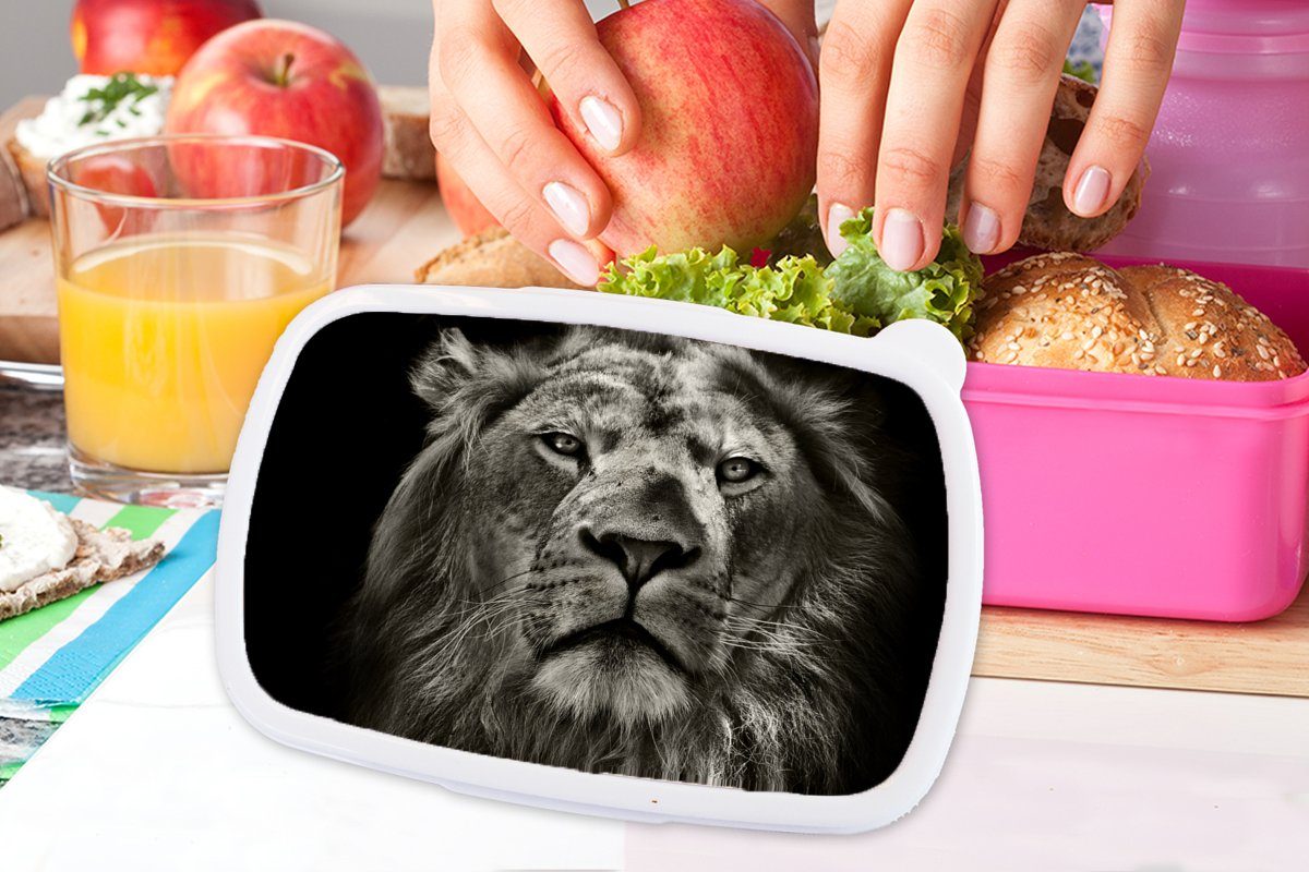 MuchoWow Lunchbox Löwe - Tiere Brotdose (2-tlg), Mädchen, und Porträt Brotbox weiß, Schwarz - Erwachsene, Wildtiere Kunststoff, - rosa für Kunststoff Kinder, Snackbox, 
