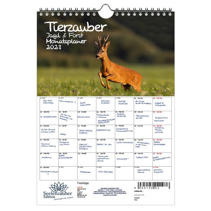 Seelenzauber Wandkalender Tierzauber Jagd & Forst Planer DIN A4 - Kalender für 2023 - Seelenzaub