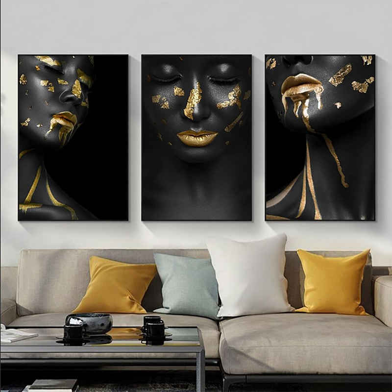 TPFLiving Kunstdruck (OHNE RAHMEN) Poster - Leinwand - Wandbild, Afrikanische Schönheit - Auch im Dreier-Set (Leinwand Wohnzimmer, Leinwand Bilder, Kunstdruck), Farben: gold und schwarz - Größe: 21x30cm