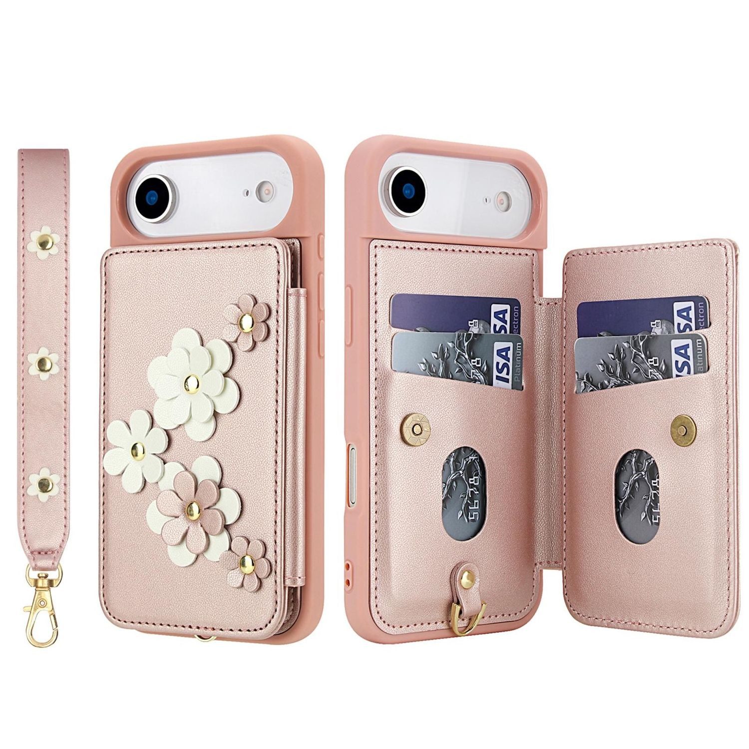 Wigento Handyhülle Für Apple iPhone 17 Air Crossbody Kunstleder Blumen Hülle Rose Gold, Mit Kartenfächern, Gurt, Kickstand-Funktion
