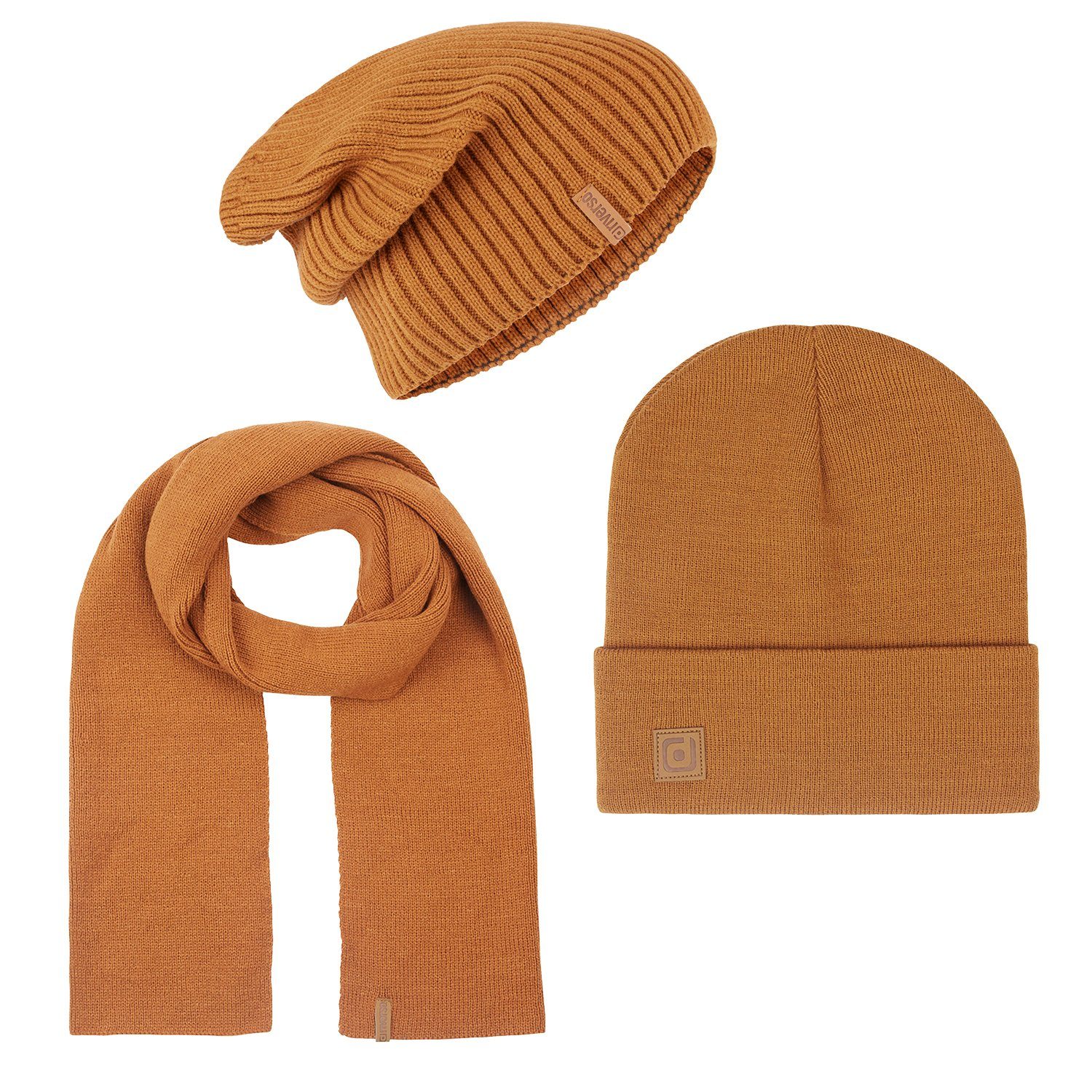 Herren Set (3-St) Mütze riverso Schal Brown Beanie RIVGordon Strickmütze