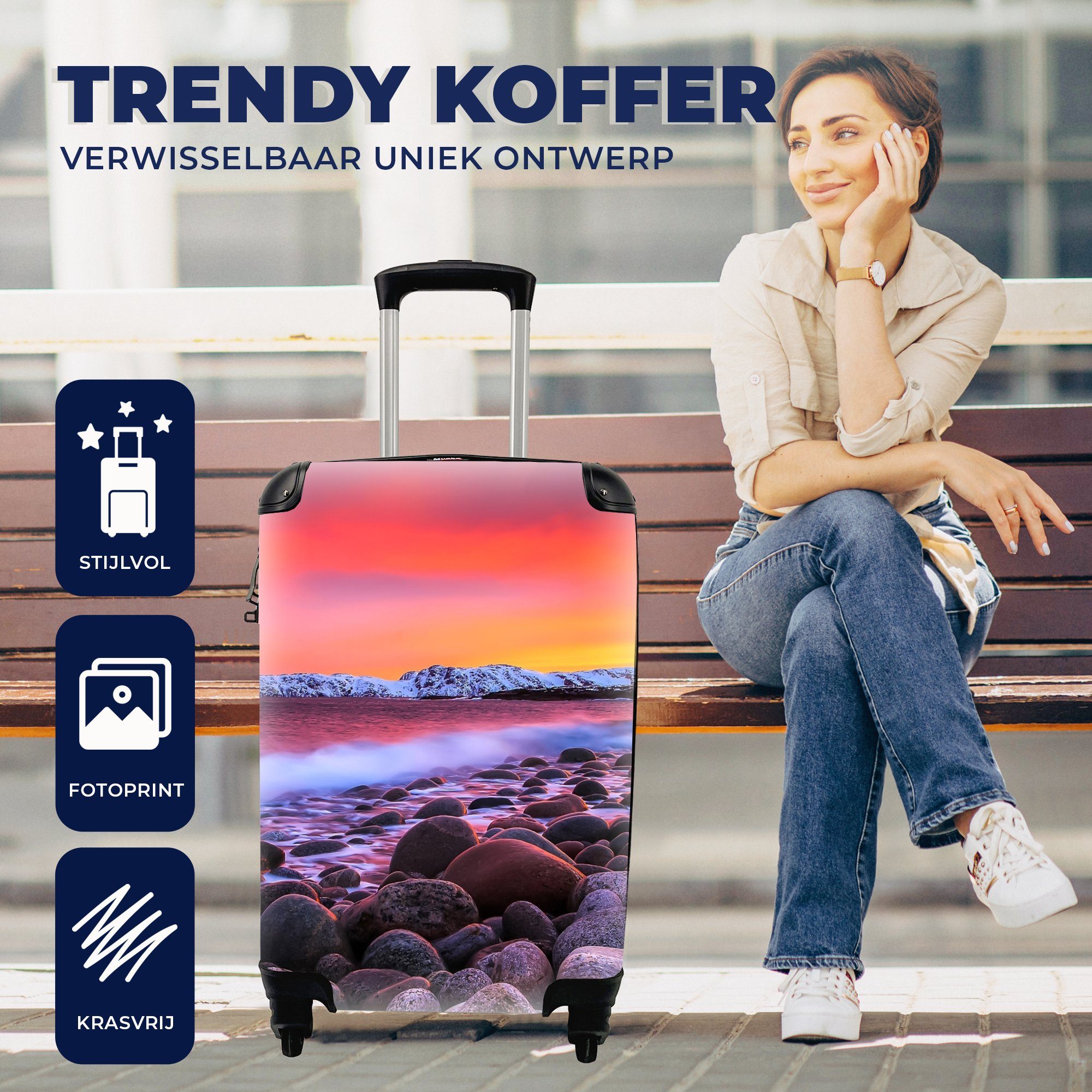 Handgepäckkoffer Rollen, Sonne Schnee Wasser, Landschaft rollen, 4 - - für MuchoWow - Reisetasche Steine Reisekoffer Trolley, Ferien, - mit Handgepäck