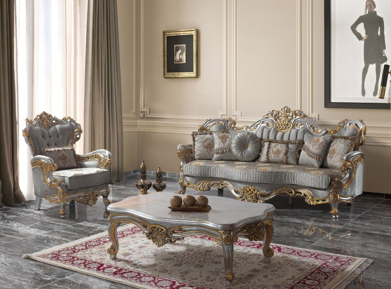 JVmoebel Wohnzimmer-Set Luxus Sofagarnitur 3 Sitzer Sessel Grau Couchtisch, (3-St., 3 Sitzer + Sessel + Couchtisch), Made in Europe | Wohnwände