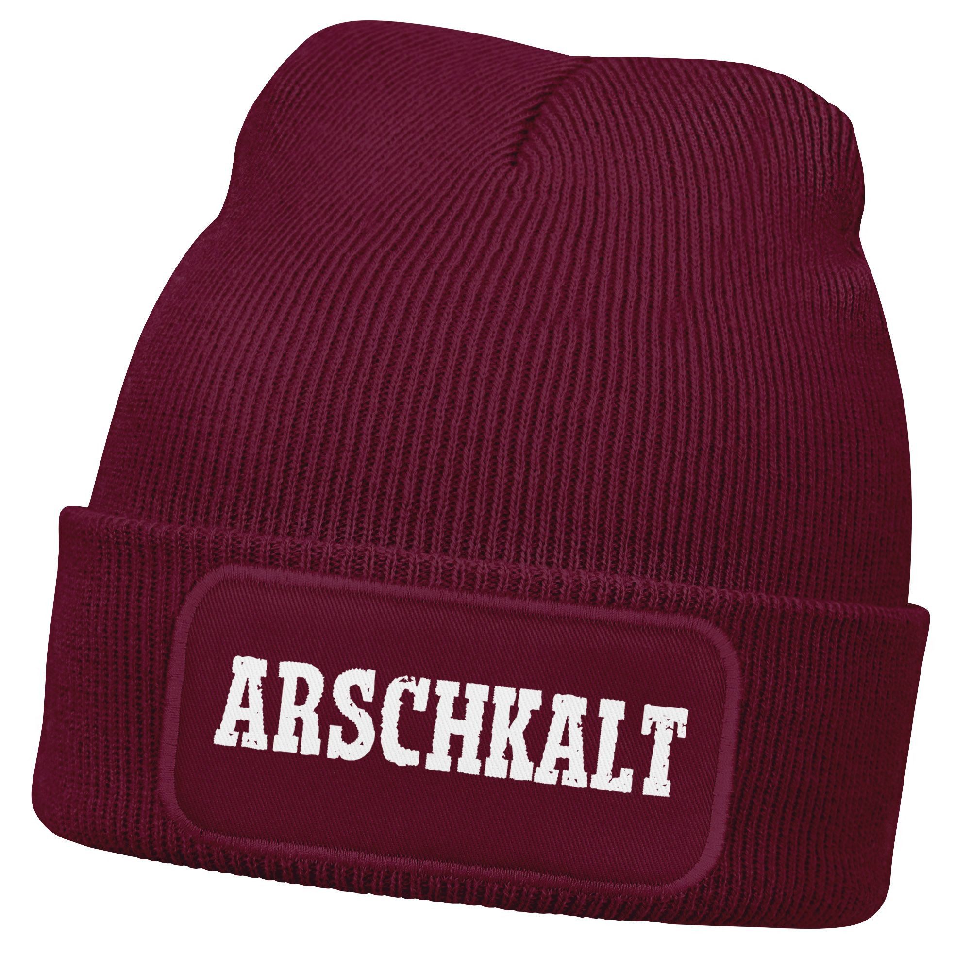 Strickmütze Moonworks® Damen Beanie mit Patch Arschkalt Strickmütze mit Spruch