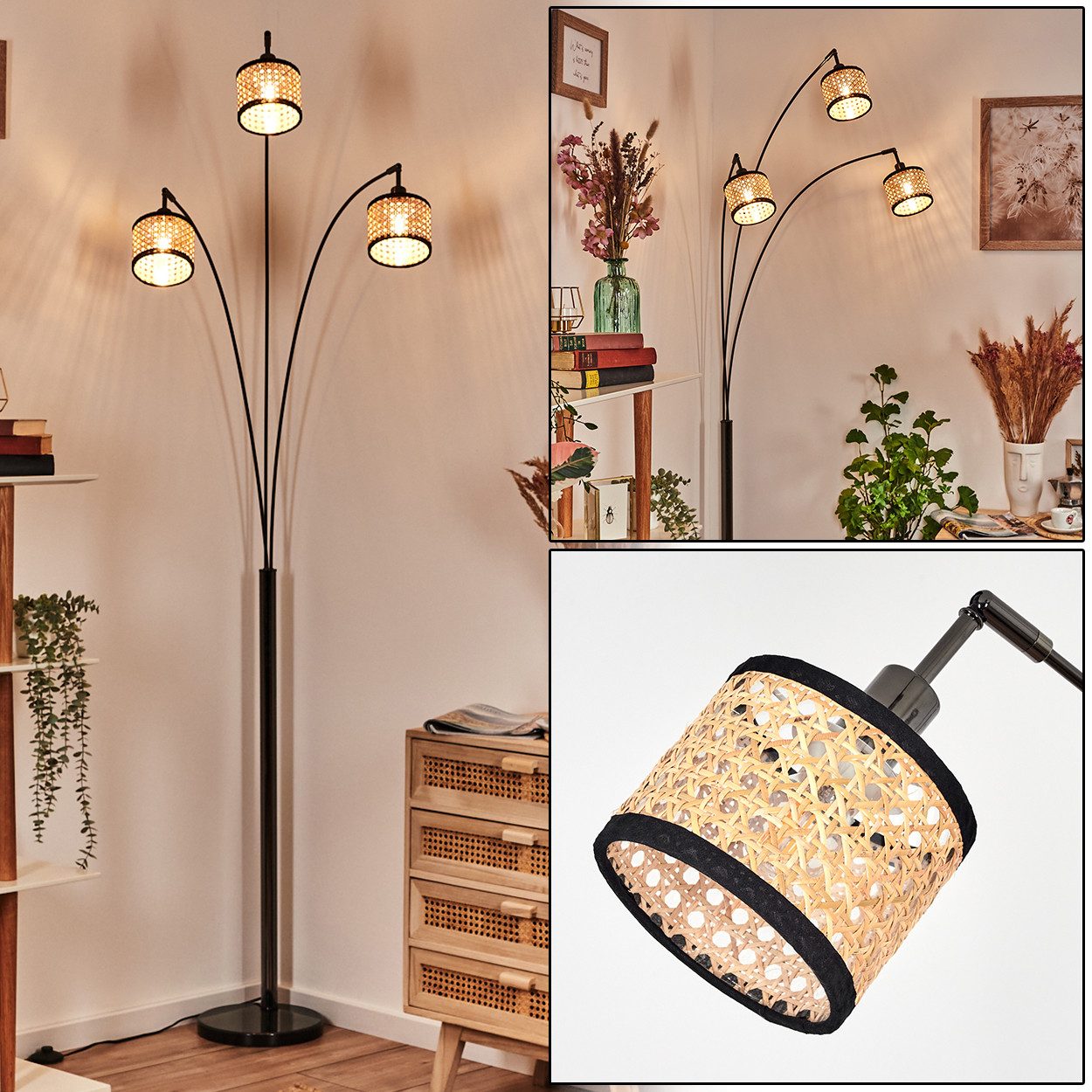 hofstein Stehlampe Stehlampe aus Metall/Rattan/Stoff in Schwarz/Chrom-/Naturfarben, ohne Leuchtmittel, moderne Stehleuchte verstellbar mit Marmorfuß und Fußschalter, E14