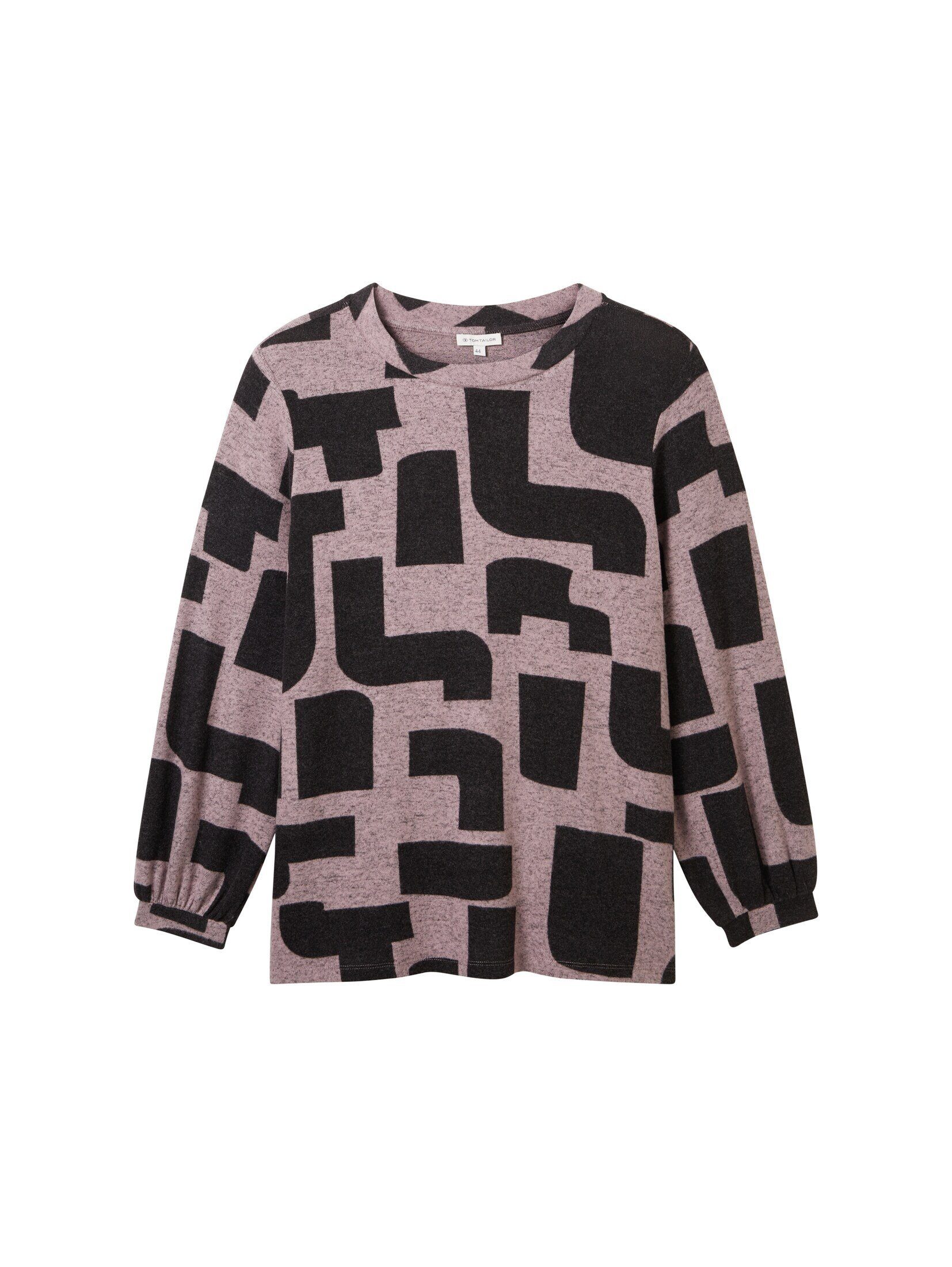 TAILOR mauve Gemustertes black - PLUS print Shirt Plus geometric T-Shirt TOM