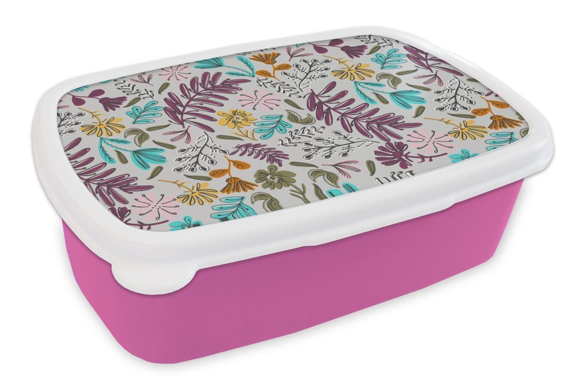 MuchoWow Lunchbox Brotbox Blumen rosa Kinder, - Kunststoff, Mädchen, Muster, Snackbox, Brotdose - Erwachsene, Blätter (2-tlg), Kunststoff für