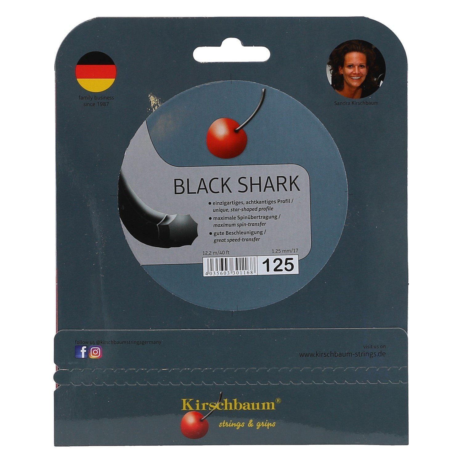 Kirschbaum Tennissaite Black Shark (Haltbarkeit+Spin) schwarz 12m Set, Saitendicke: 1.30