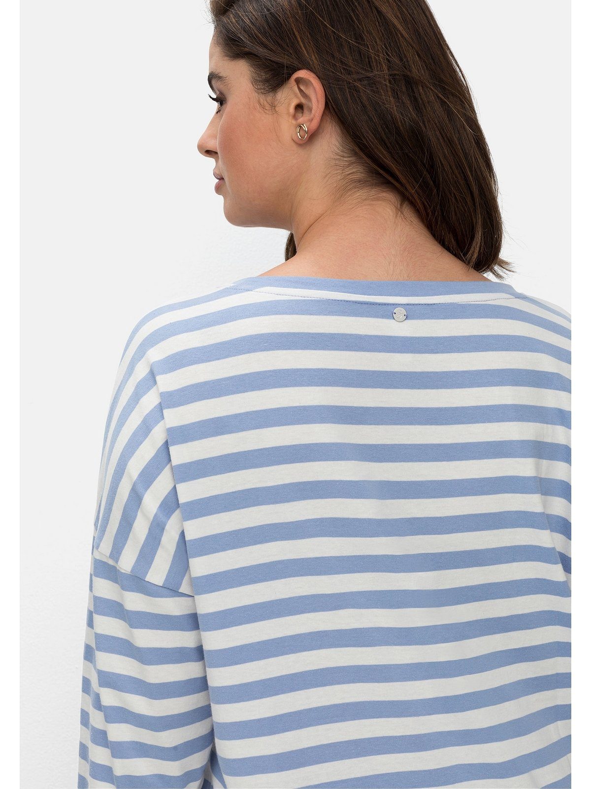 Größen Sheego Schultern mit mittelblau-offwhite überschnittenen Große 3/4-Arm-Shirt