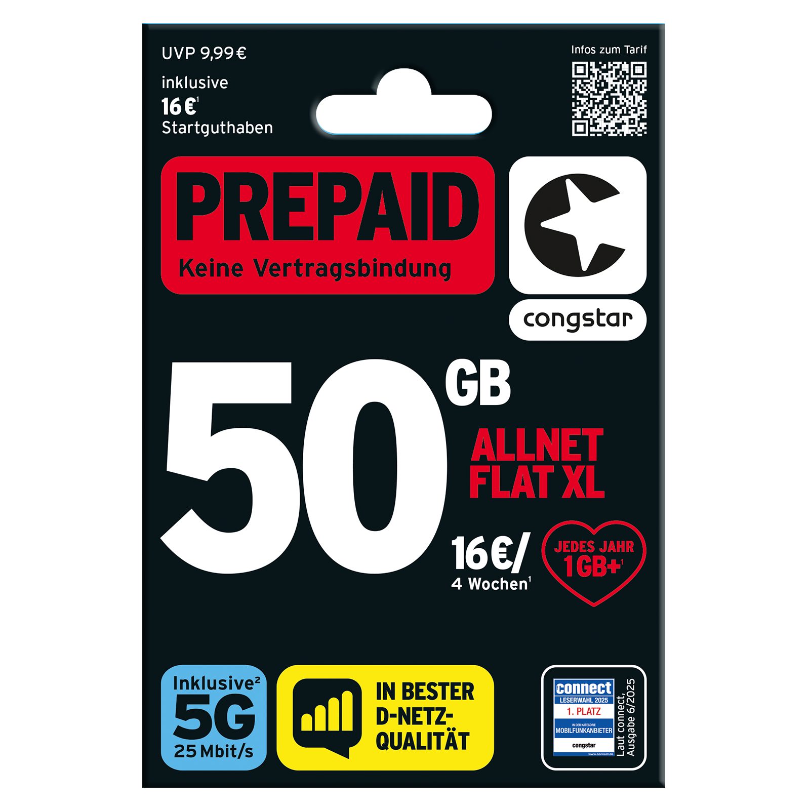 Congstar Prepaid ALLNET XL SIM-Karte ohne Vertrag 5G mit 25 Mbit/s Prepaidkarte, (Telefonie & SMS Flat, EU-Roaming inkl)