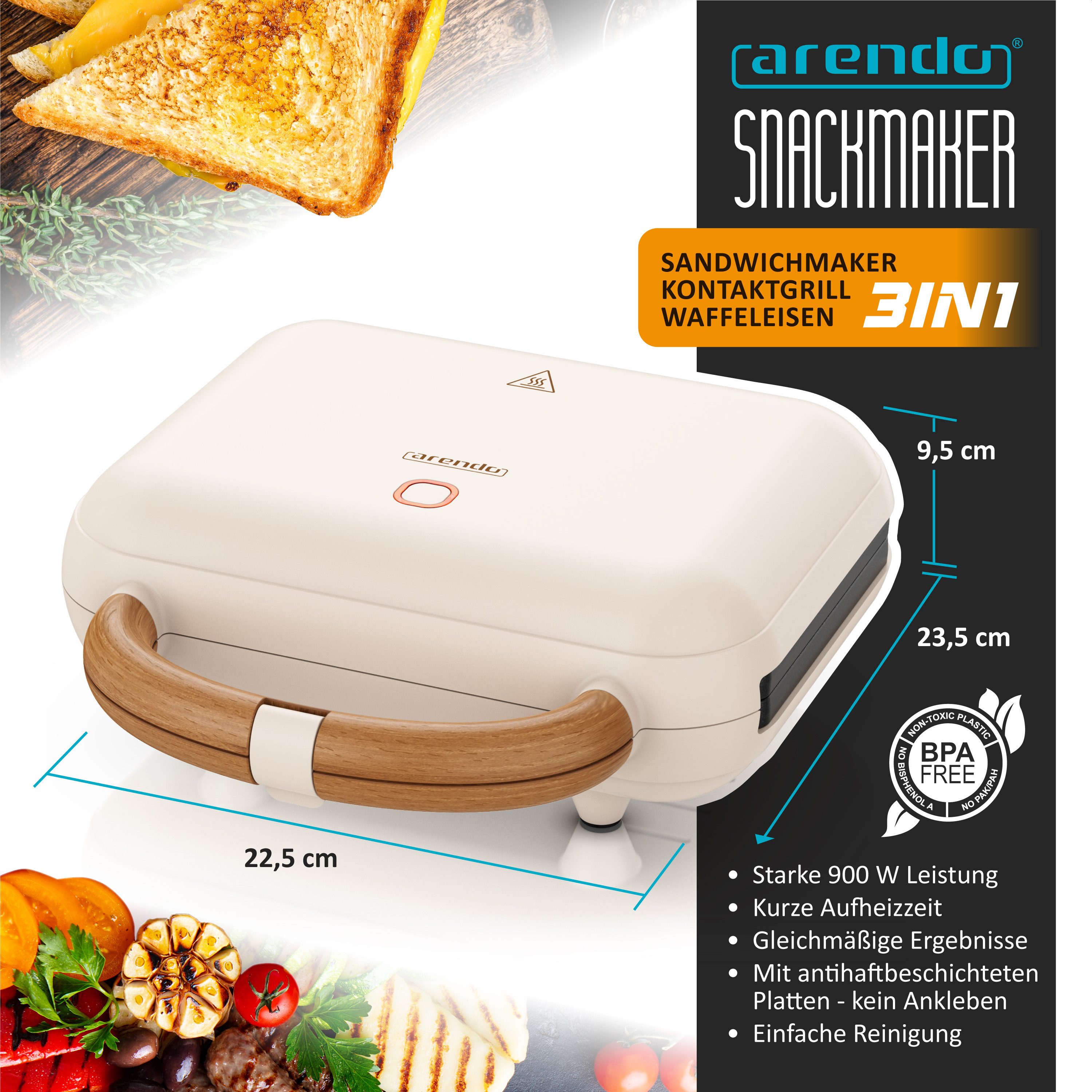 Arendo 3-in-1-Sandwichmaker Waffeleisen & Kontaktgrill, Antihaftbeschichtete abnehmbare Platten, 900 W, 2 Zonen Panini Grill mit Wechselplatten & Temperaturkontrolle BPA-frei