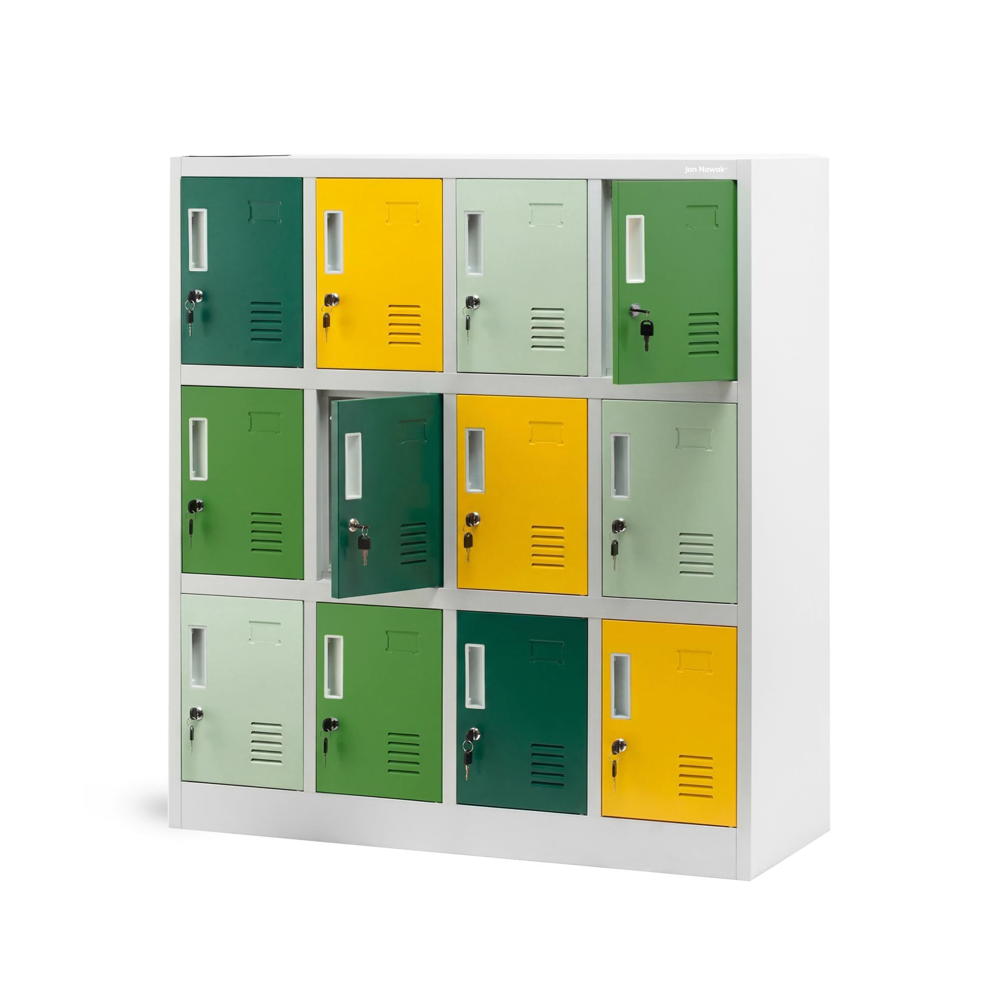Jan Nowak Mehrzweckschrank Metall Kindergartenspind OLA 109 cm 12 Fächer abschließbar bunt (Schulspind Kita Hort Vorschule Sportclub Kleiderstange Kinder, 0,6 mm 120 x 109 x 45 cm Lüftungsschlitze Wandmontage 20 kg) Namensschildhalter abgerundete Kanten Zylinderschloss 4 Farben