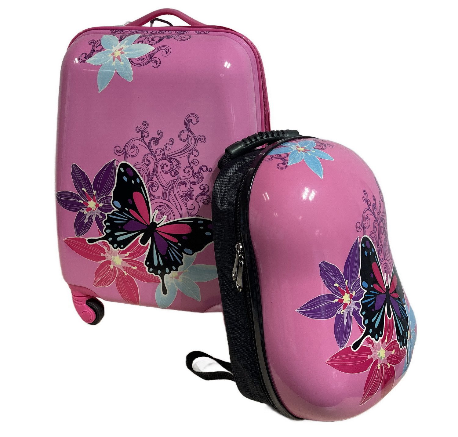 Gustav Voss Kinderkoffer Kinder Reise-Set: Trolley / Reisekoffer auf Rollen + Rucksack, 4 Rollen, Rollkoffer und Kinderrucksack Schmetterling-Motiv