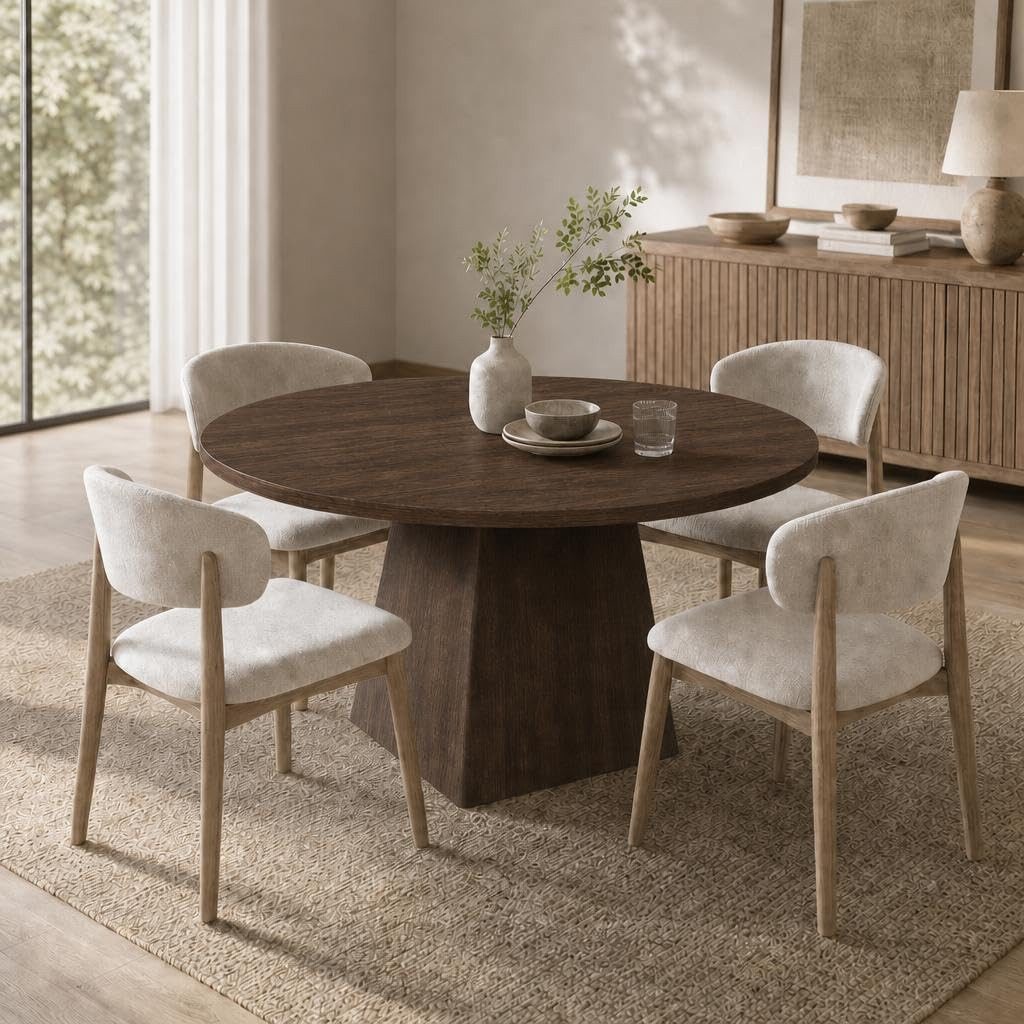 GarveeMore Esstisch Runder Küchentisch 120cm Beistelltisch Wohnzimmertisch Säulen-Esstisch (1-St), dicke Tischplatte und quadratischer Fuß, Bietet Platz für 4–6 Personen