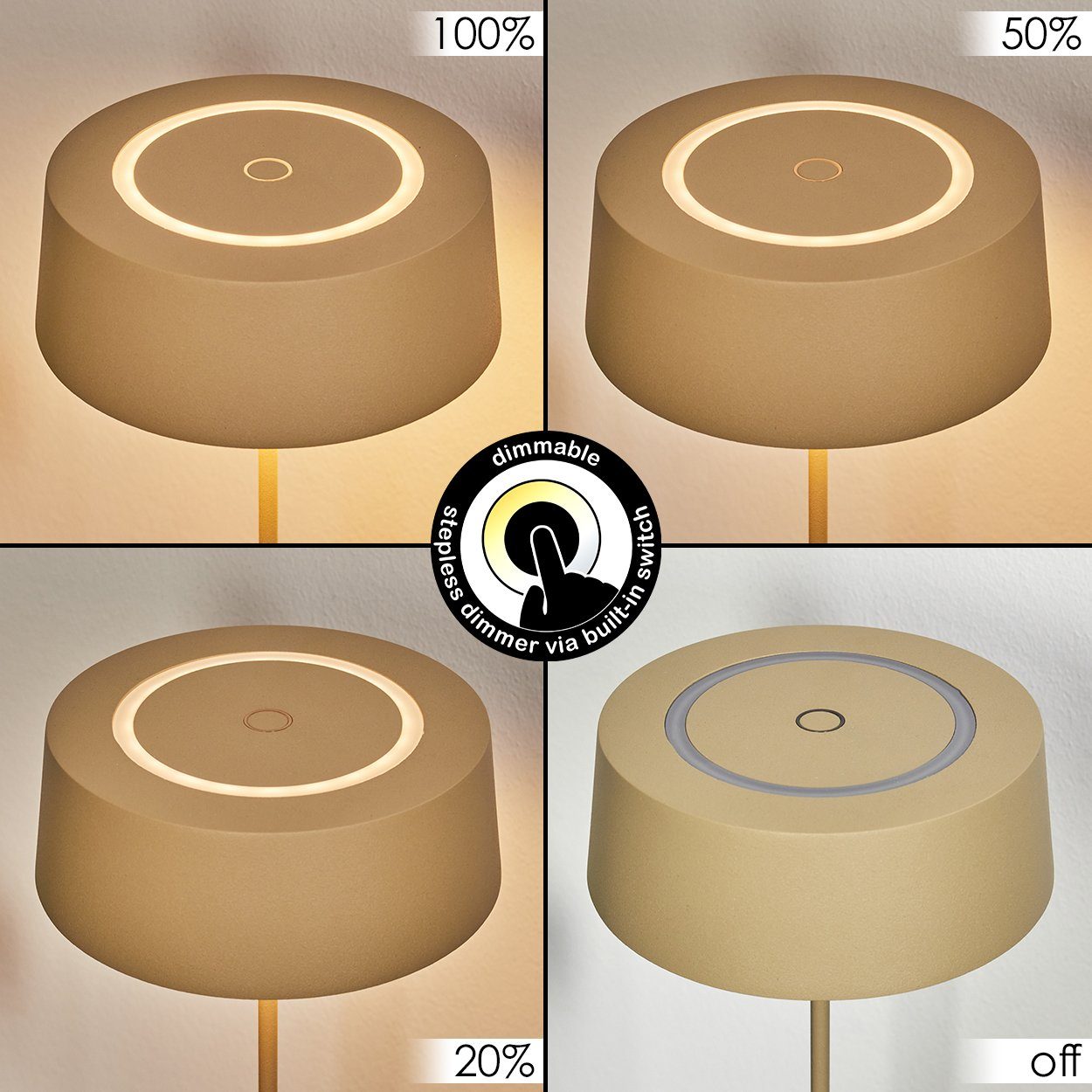 hofstein Außen-Tischleuchte dimmbare Tischleuchte aus Metall in Goldfarben/Weiß, LED fest integriert, mit USB-C, Akku und Ladefunktion, Touchdimmer, IP54