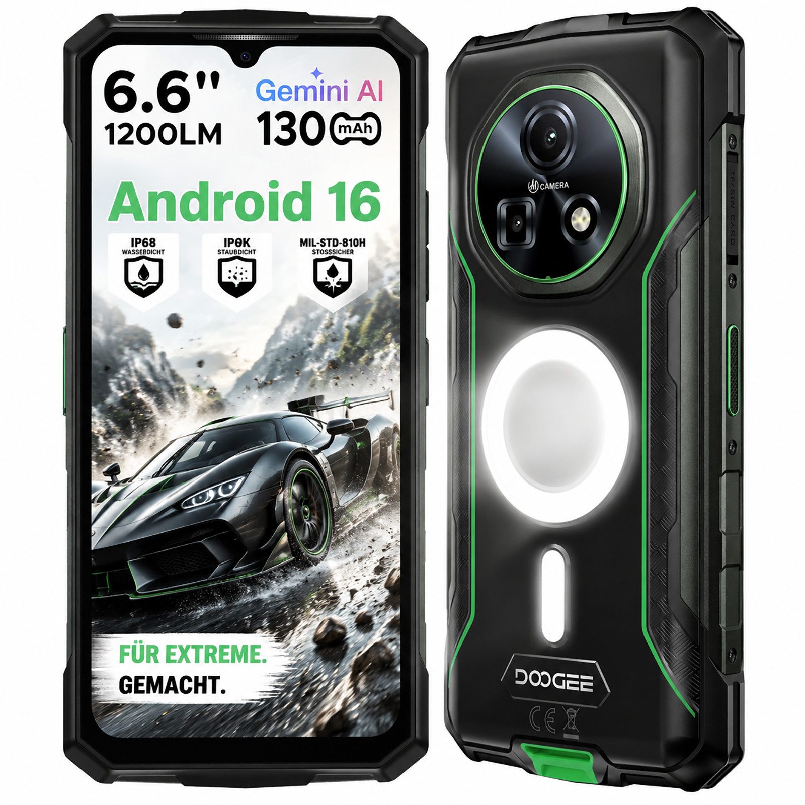DOOGEE Robustes 4G Outdoor Smartphone FIRE5ULTRA 6+128GB Android 16 NFC Smartphone (16,67 cm/6,56 Zoll, 128 GB Speicherplatz, 48 MP Kamera, GPS-Ortung, 4G, WLAN, SOS, Videochat, IP68, Bluetooth)