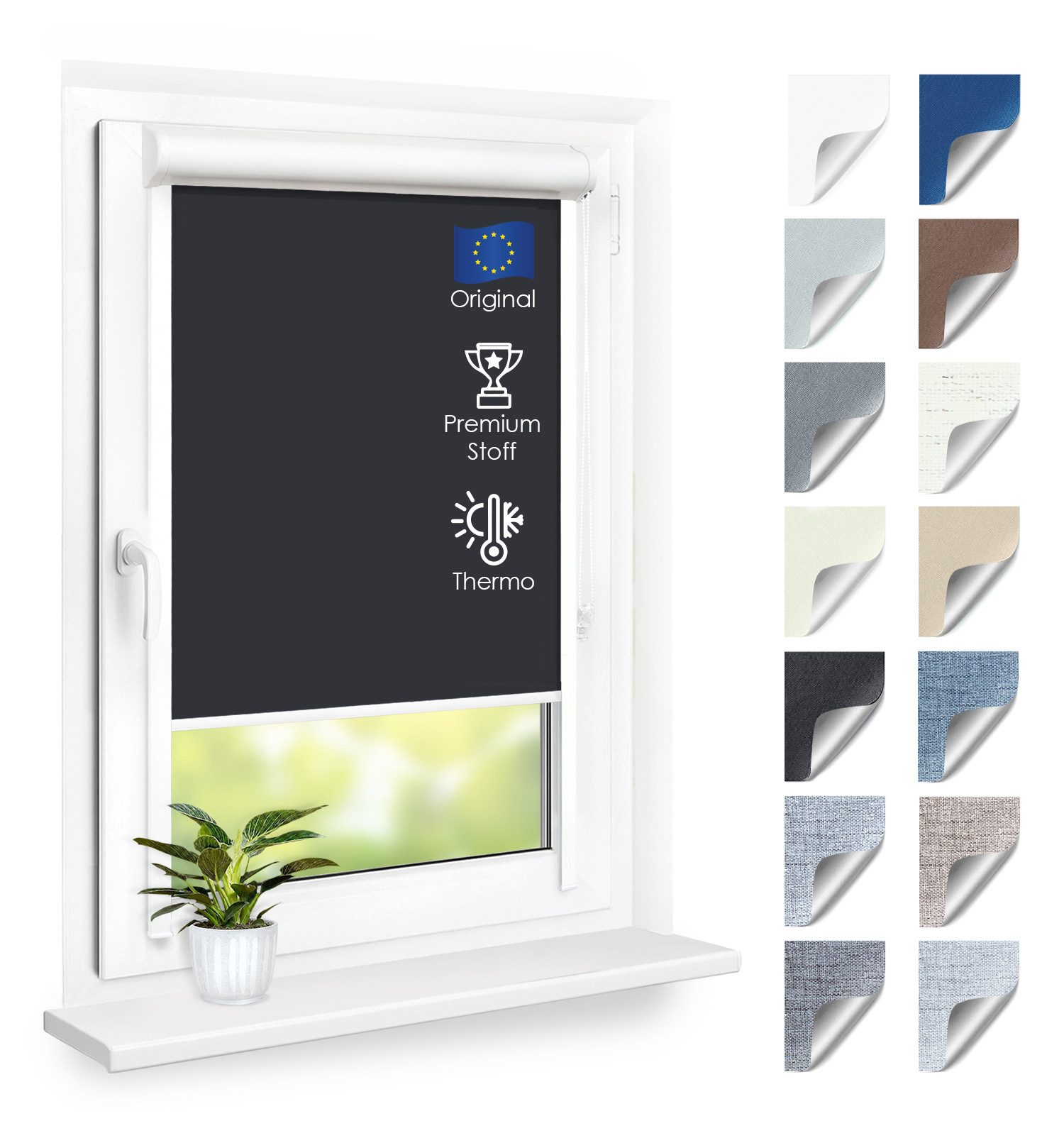 Rollo Premium Blackout Thermo Kassettenrollo mit Seitenführung, DomDeco, blickdicht, ohne Bohren, zum Kleben oder Schrauben