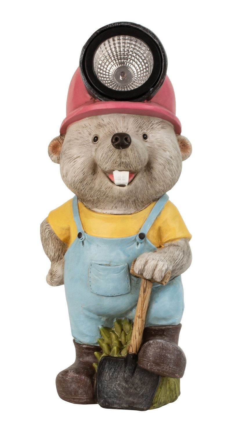 Mel-O-Design Gartenfigur Gartenfigur Biber Lumino mit Solarlicht Latzhose und Schippe 31 cm, (1 St)