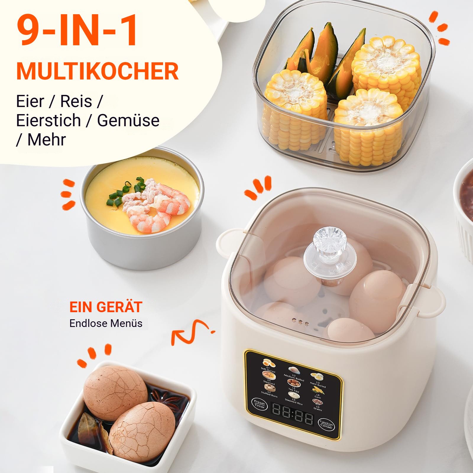 Tekoo Eierkocher Multifunktionaler Mini Dampfgarer elektrisch mit 24h Timer, 300 W, 24h Zeitvorwahl, 9 Programme, 9-in-1 Multikocher, Abschaltautomatik