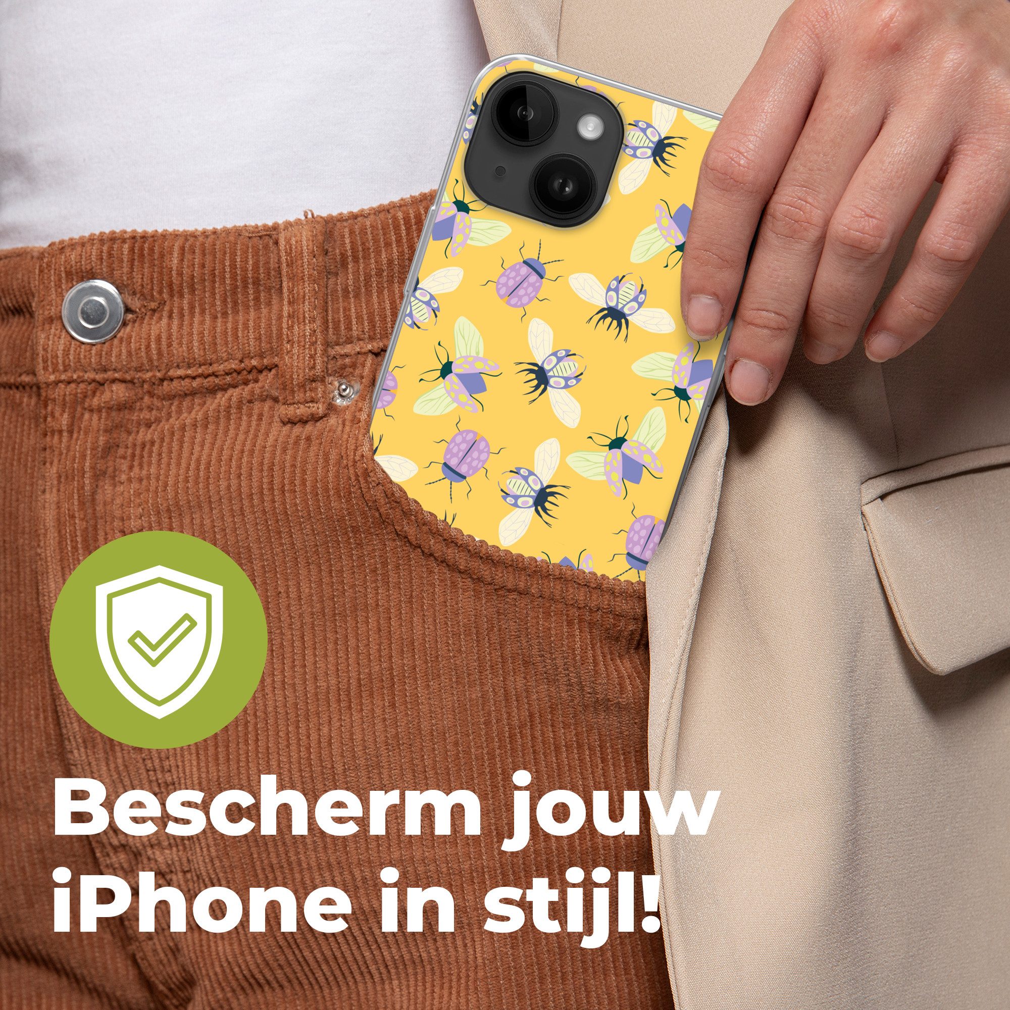 MuchoWow Handyhülle für Apple iPhone 14 Insekten - Muster - Gelb - Lila - Farbenfroh, Smartphone-Bumper, Print, Handy Schutzhülle Dünn
