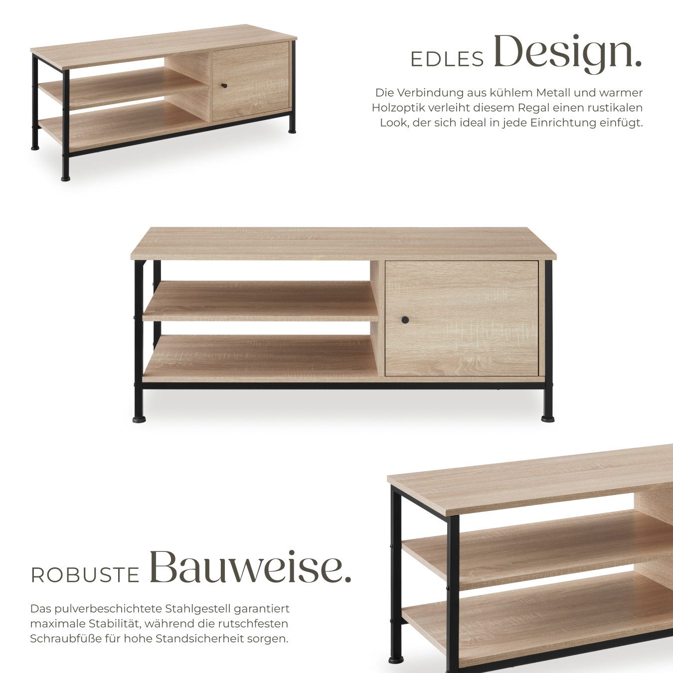 tectake Lowboard TV-Schrank, 110 x 40 x 45,5 cm, Holz & Stahl, Staufach mit Magnettür (Fernsehboard Durban, in Industrial Holz hell, Eiche Sonoma), Industrial Style, 2 offene Fächer, höhenverstellbare Kunststofffüße