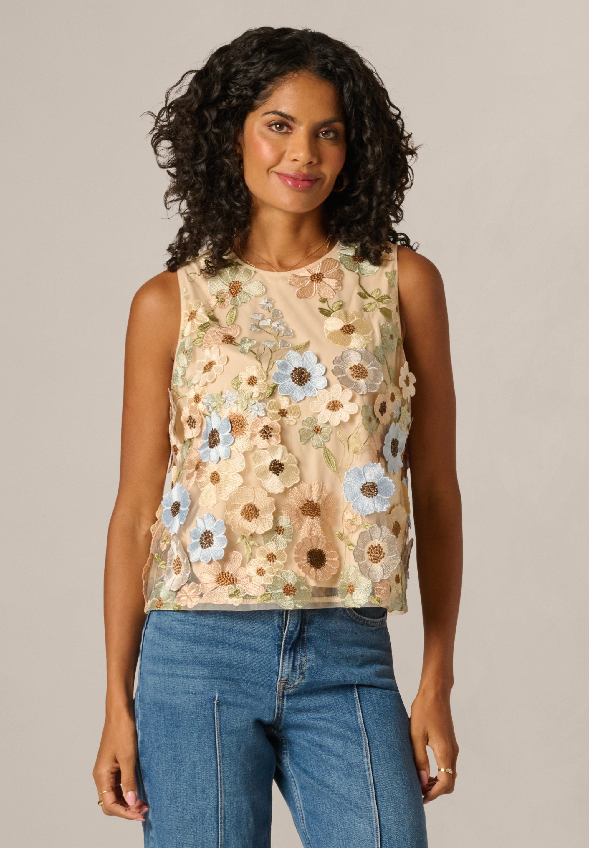 Adrianna Papell Kurzarmbluse Sleeveless Floral Blouse Frisches und farbenfrohes, besticktes Tanktop