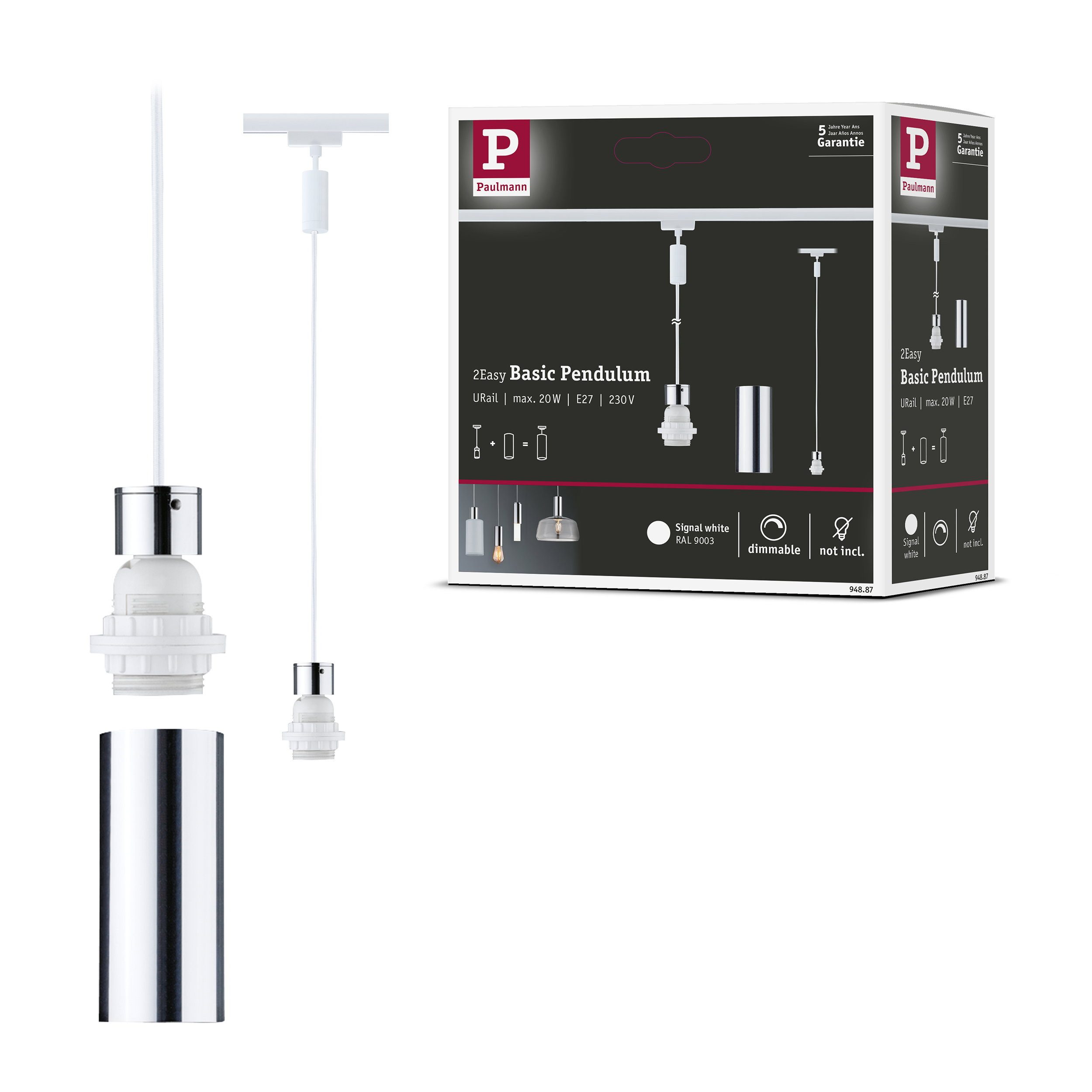 Paulmann Schienensystem-Leuchten URail Pendel 2Easy E27 max. 20W dimmbar 230V Signalweiß