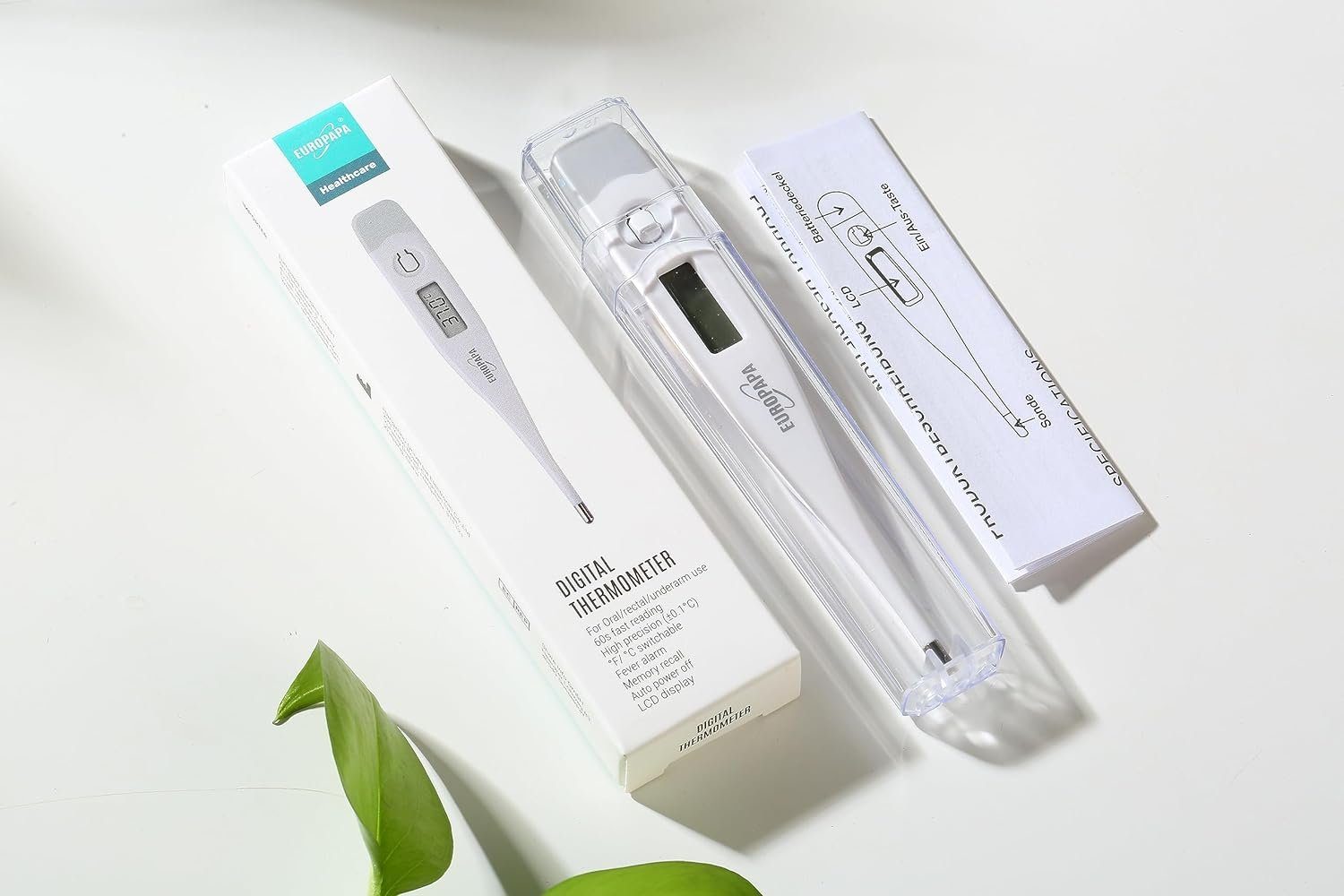 EUROPAPA Fieberthermometer 2 Stück Digitales Fieberthermometer für Babys, 2-tlg., Kinder und Erwachsene, Thermometer für oral, axillar oder rektal, wasserdicht mit Fieberalarm