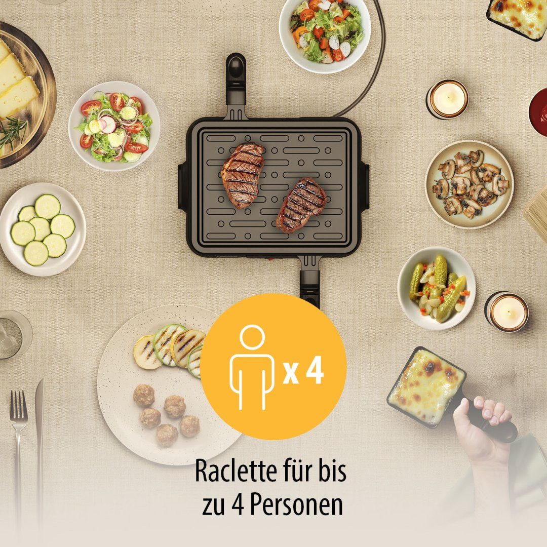 Tristar Raclette Tristar Raclette Grill/ Tischgrill für bis zu 4 Personen – mit Ein-/ A, 4 Pfännchen - Grillplatte