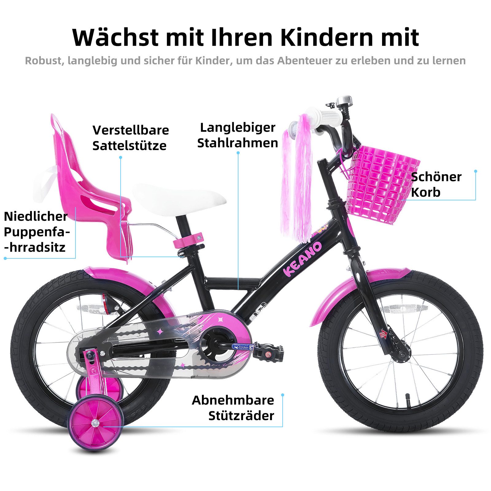 JOYSTAR Kinderfahrrad Mädchenfahrrad 14/16/18/20 Zoll mit Hochkarbonstahlrahmen, mit Puppensitz und Korb,Stützräder, Luftschlangen, Schutzblechen